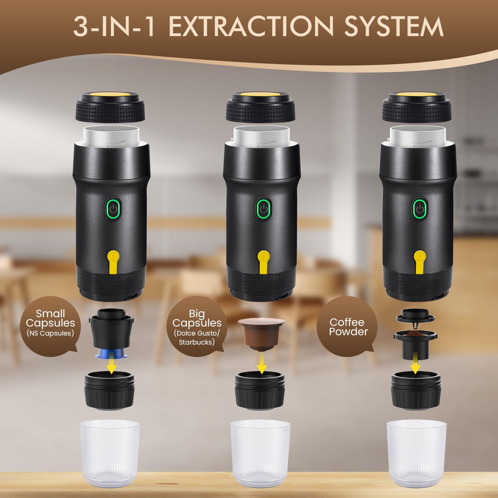 Molinillo de café manual portátil en miniatura, cafetera eléctrica de 20 bares, 3 en 1 para espresso, prensa francesa y Aeropress. - 3