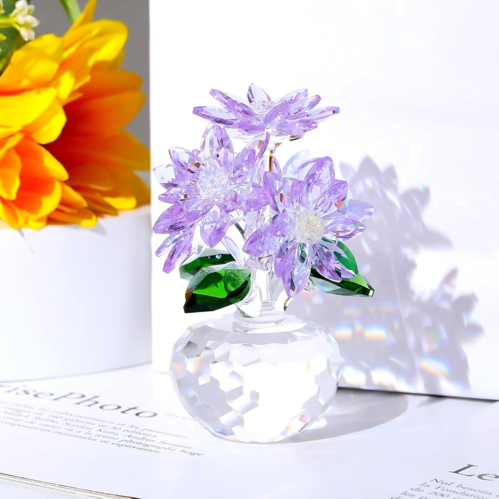 Kryształowa dekoracja rzeźbiarska z kwiatami, szklany bukiet stokrotek w kolorze fioletowym (zawiera 5 kwiatów)