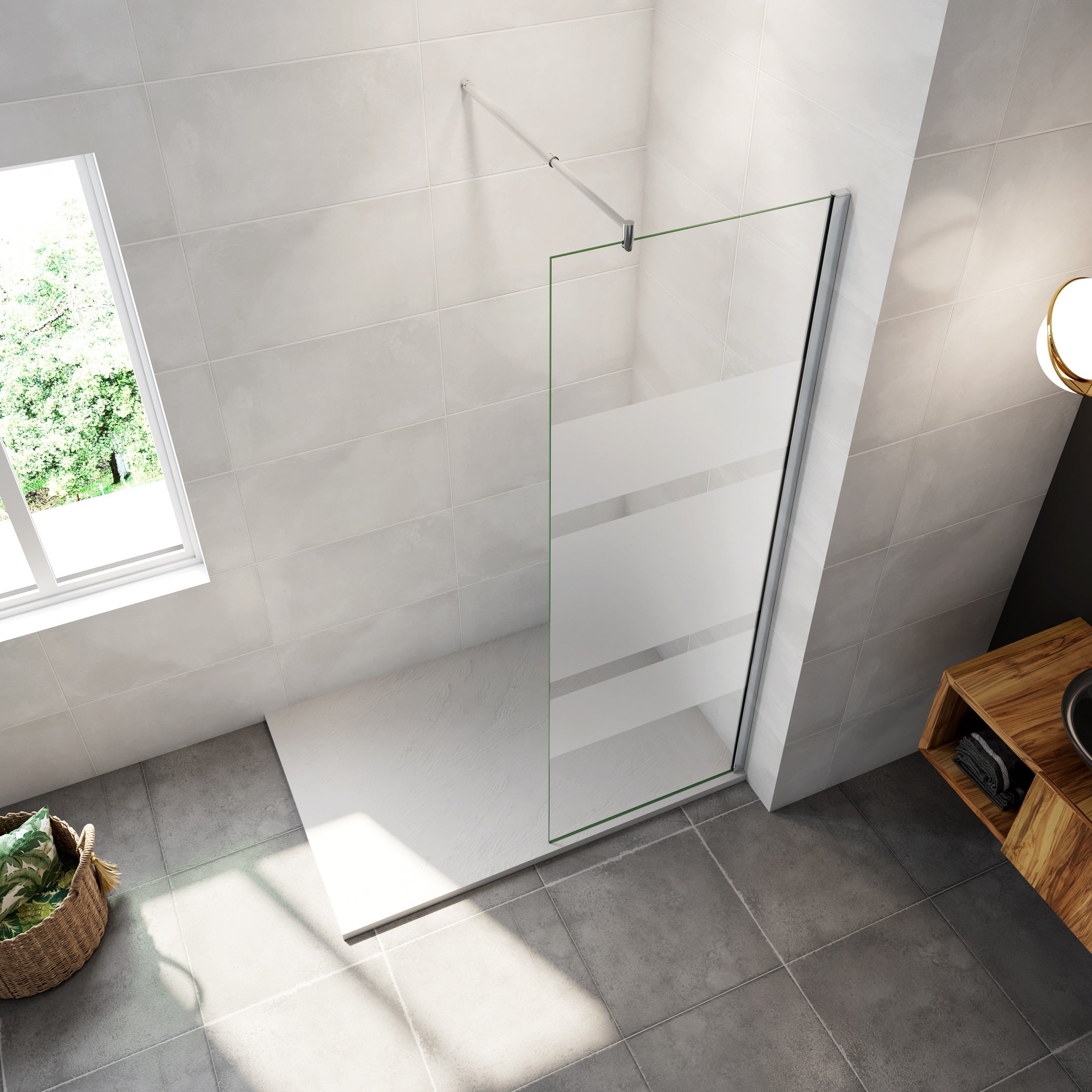 Paroi de douche à l'italienne 60x190cm en 6mm verre avec bandes horizontales sérigraphiées, livré avec barre de fixation 70-120cm en cylindrique - 2