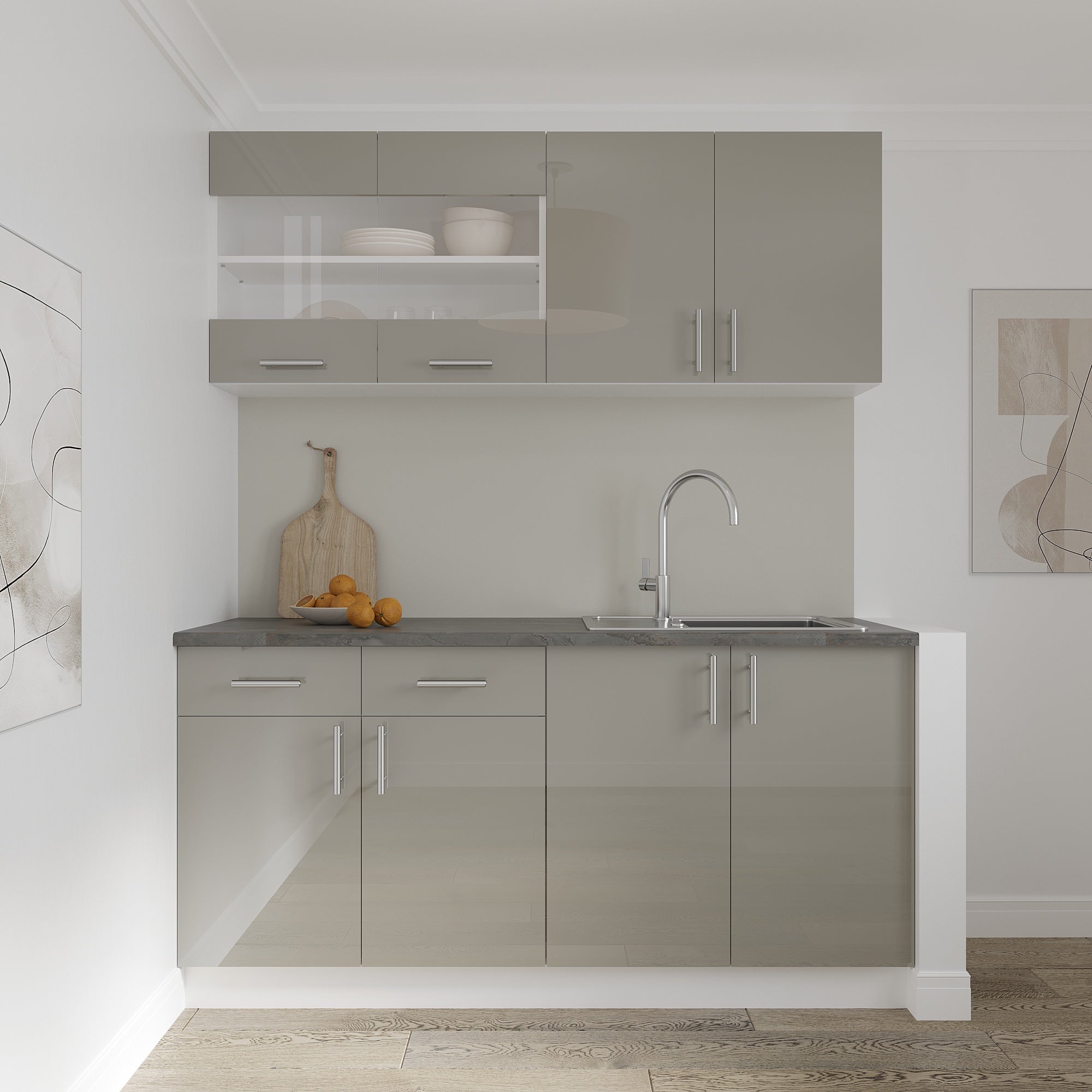 Set cocina haaus karo v8, gris brillante/blanco, mdf, encimera thermo 28 mm, l 160 cm
