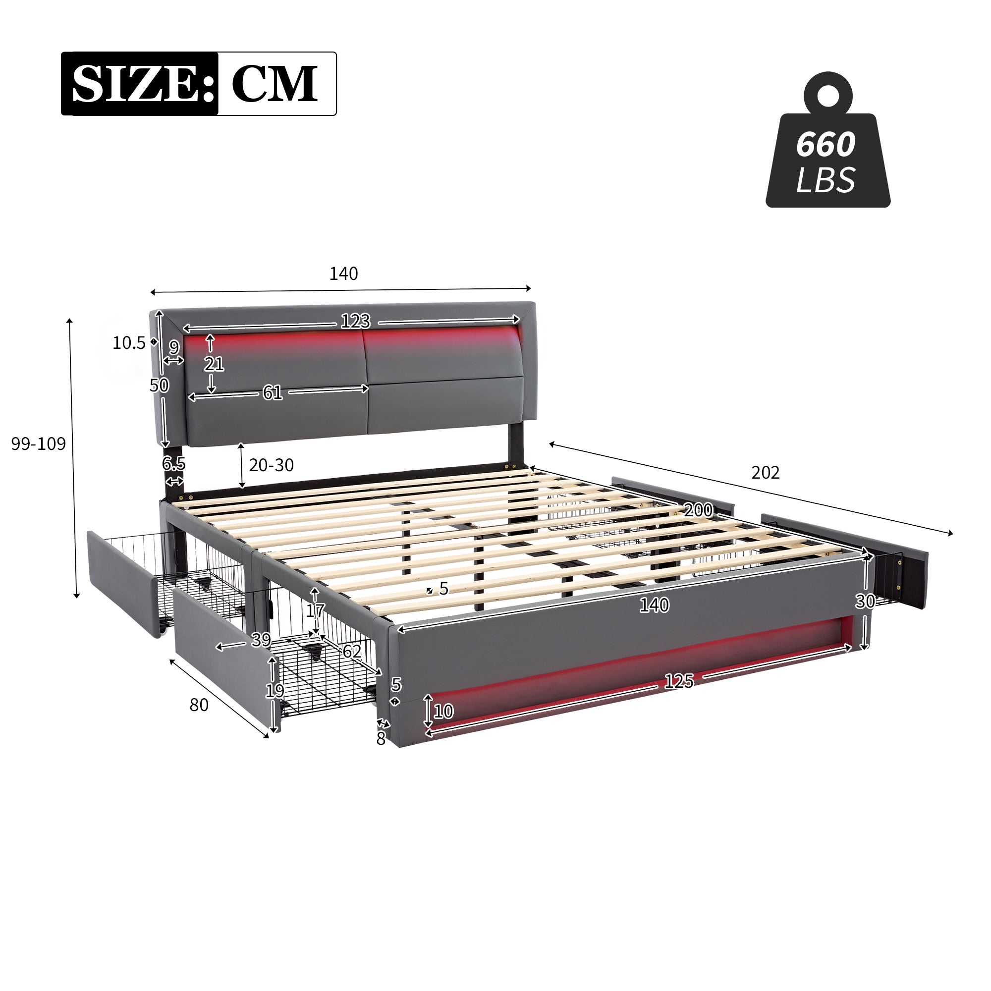Łóżko podwójne 140x200 cm ze skóry ekologicznej z oświetleniem LED - 4 szuflady - z portami ładowania (przewodowego i bezprzewodowego) - Szare - 6