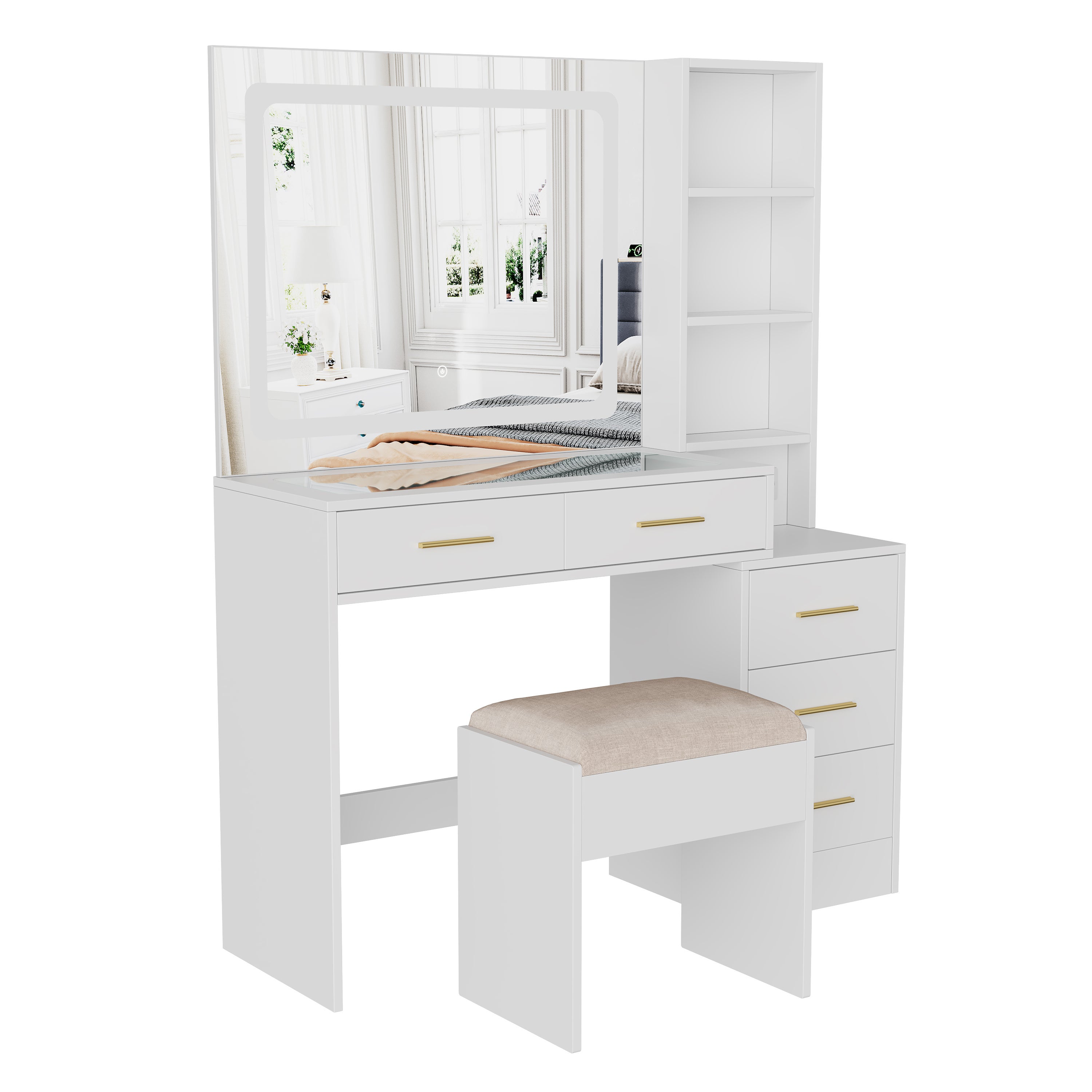 Coiffeuse, grand miroir de maquillage LED multicolore, station de recharge, tabouret inclus, 5 tiroirs avec poignées, étagères réglables - blanche - 9
