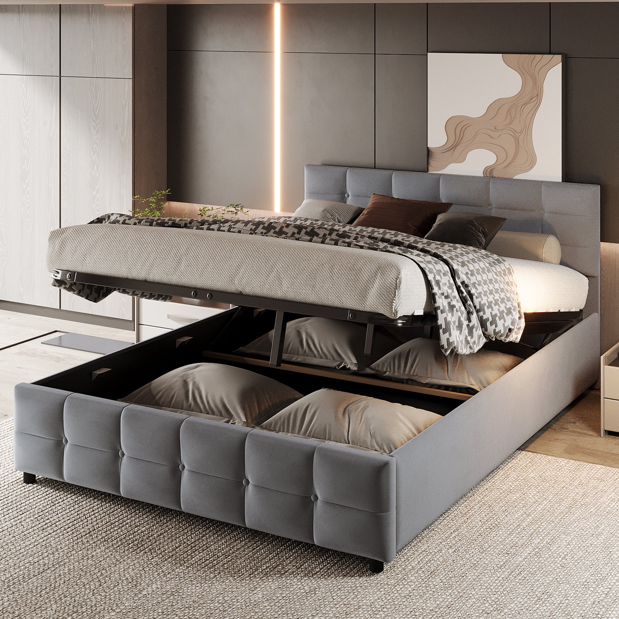 Lit Coffre 180x200 Cm Avec Rangement Hydraulique Et LED | Velours Beige, 2 Tiroirs, Sommier Intégré | Lit Double Design