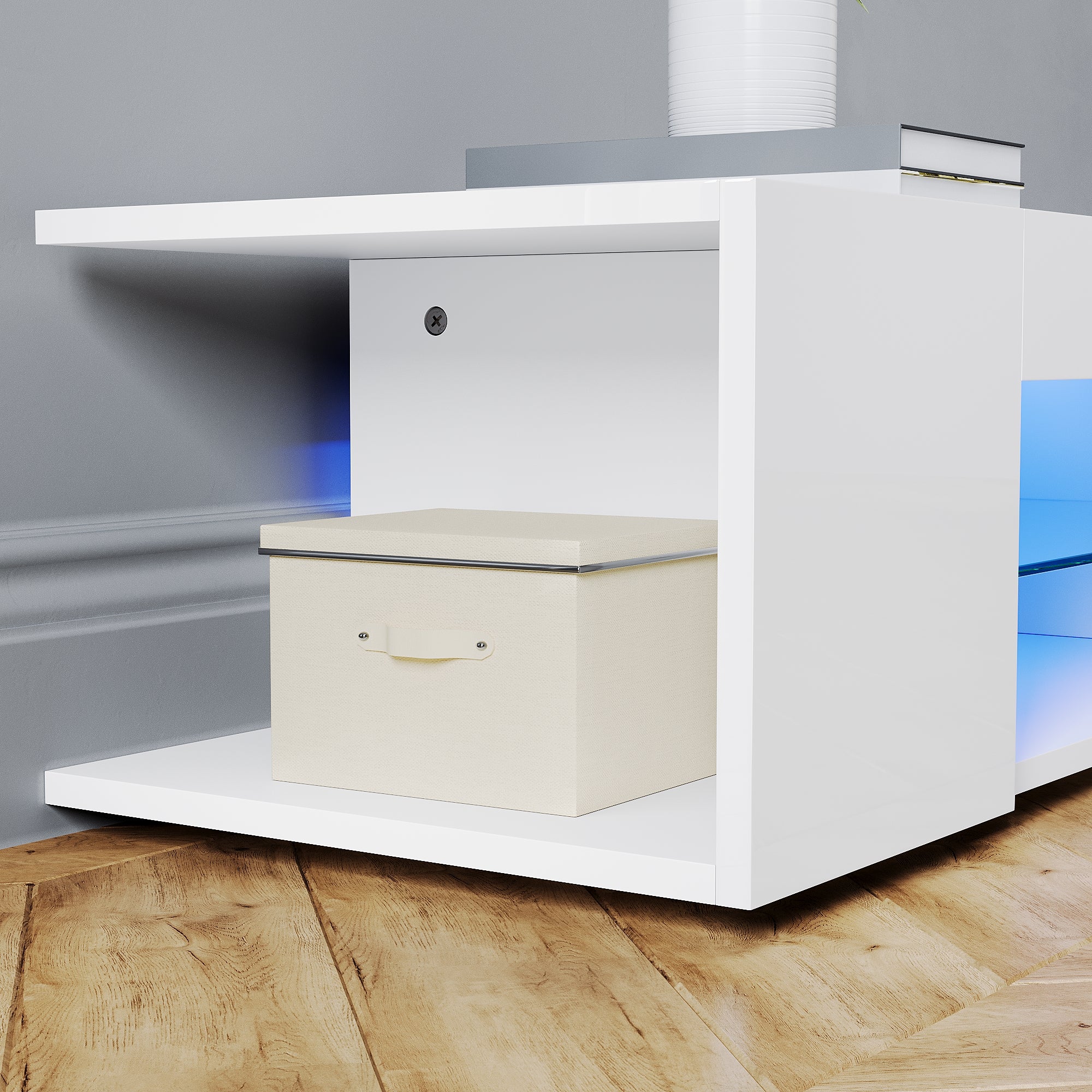 SIRHONA Meuble TV LED Moderne Demi-ouvert Placer Space + Verre Stratifiée + Blanc + 160cm - 6