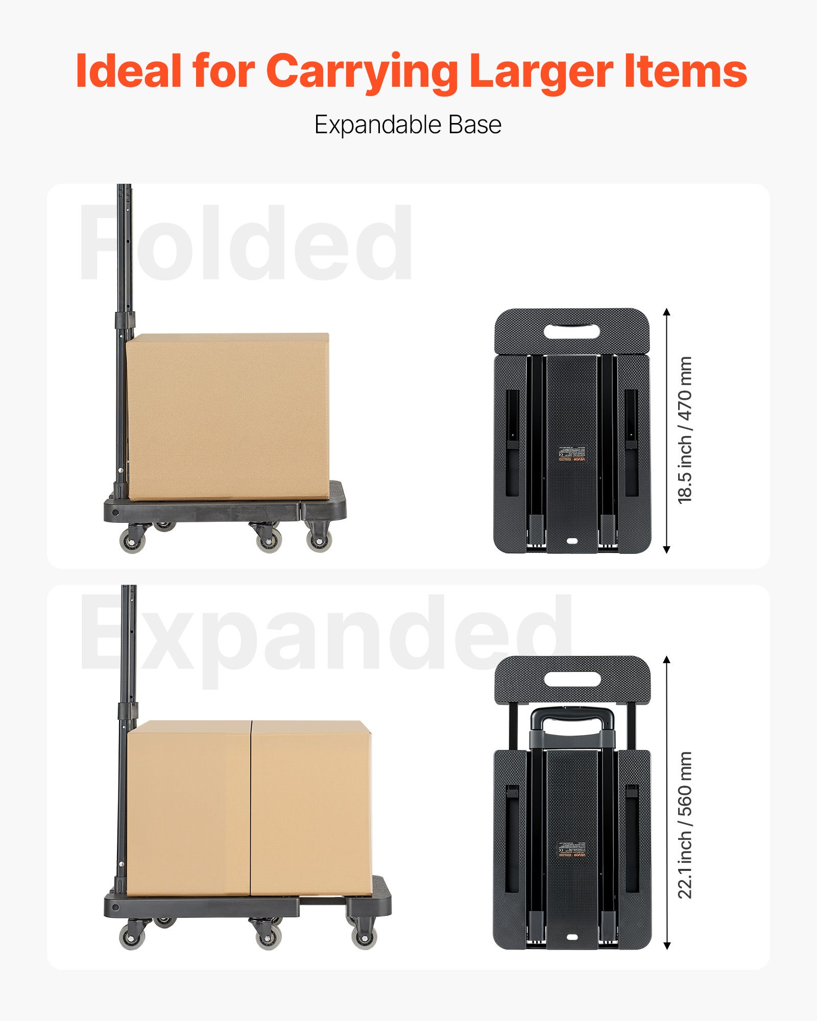 Carrinho dobrável 6 rodas VEVOR, capacidade 226,8 kg, 2 cordas elásticas, base extensível, carrinho utilitário para mudança, escritório, preto - 4