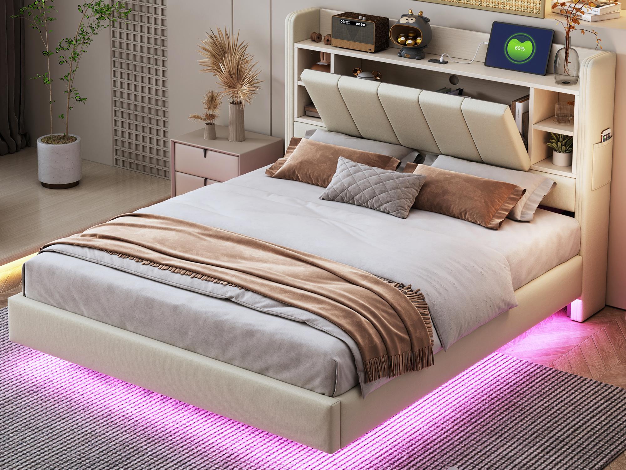Lniane łóżko tapicerowane 140x200 cm - z wtyczką USB + LED - z metalową podstawą - Beżowy