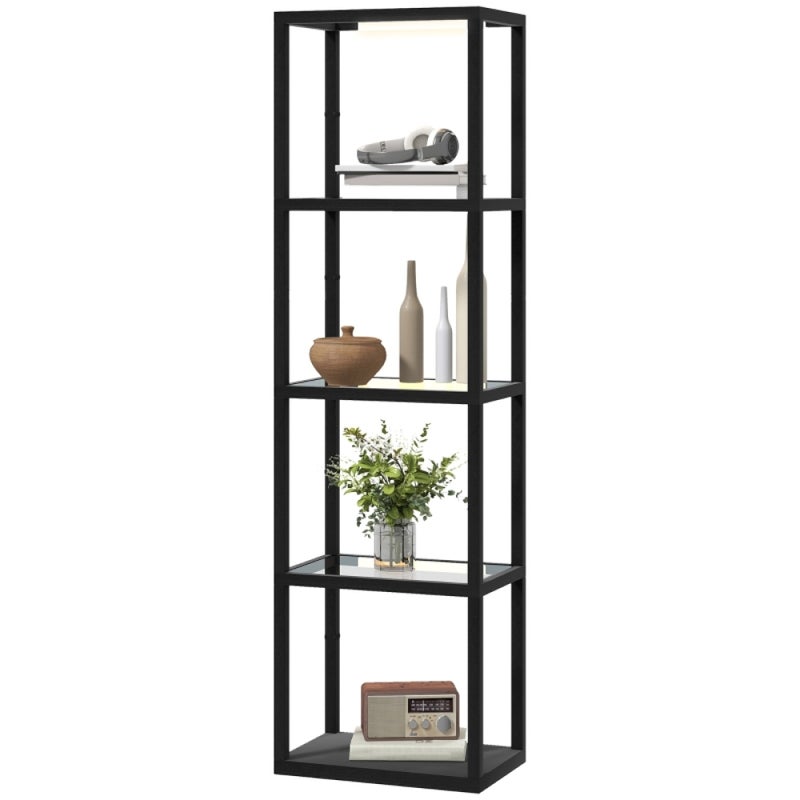 Lampadar LED z półkami 4 poziomy MDF czarny 45x29x157 cm, szklane półki, lampa stojąca do salonu, oświetlenie z włącznikiem nożnym