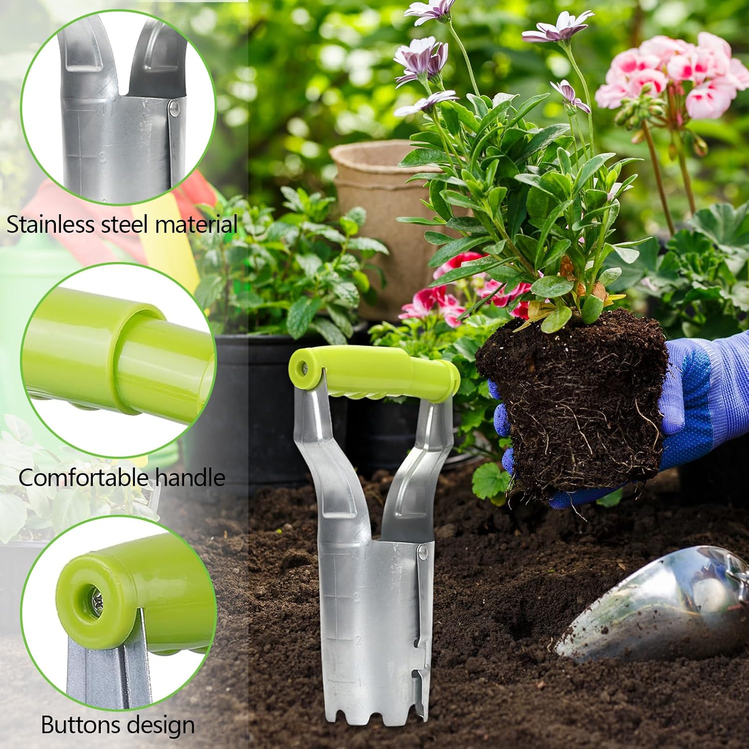 Planteur de bulbes pratique avec déclenchement automatique et échelle de profondeur - Aide à la plantation pour bulbes de fleurs - Perforateur pour - 3