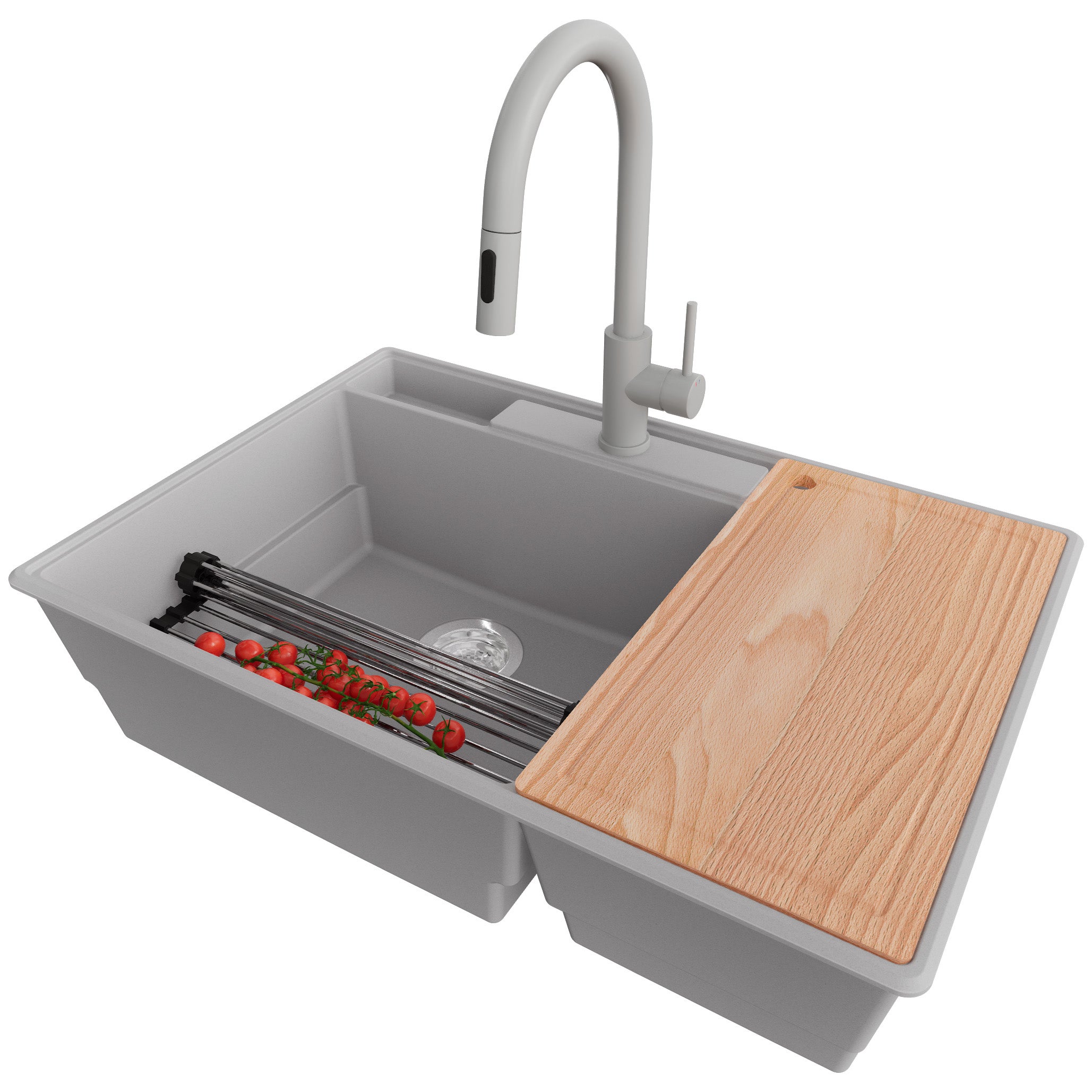 Zlewozmywak Granitowy Szary 78x53cm, Zlew Kuchenny 2 Komorowy + Bateria 40x20cm + Syfon + Akcesoria, Nablatowy do szafki od 80cm - Paryż PRIMAGRAN