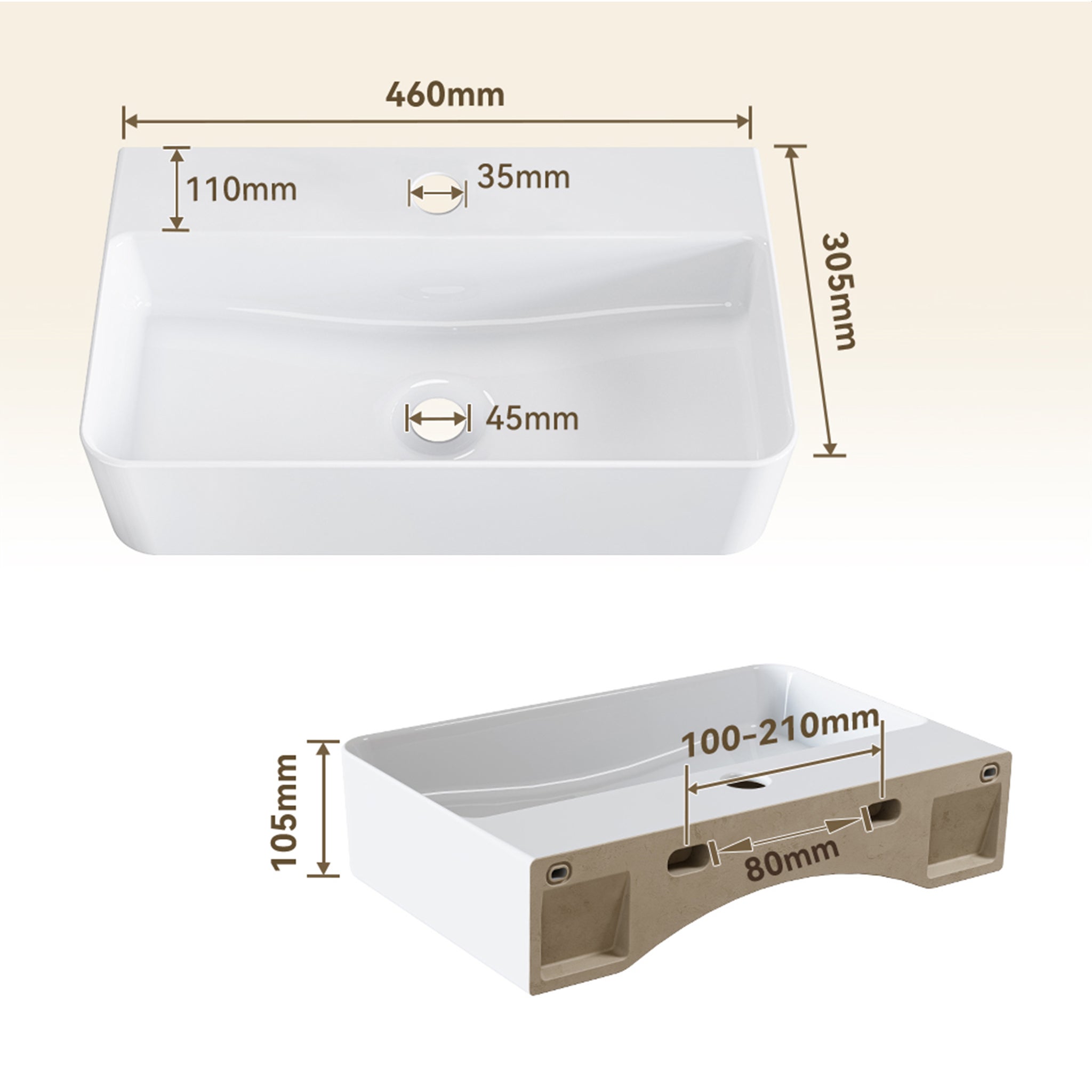 Lavabo mural en céramique blanche - Rectangulaire lavabo suspendu 46 x 30.5 cm - Avec trou pour robinet sans trop-plein - Lavabo à poser HOROW - 3