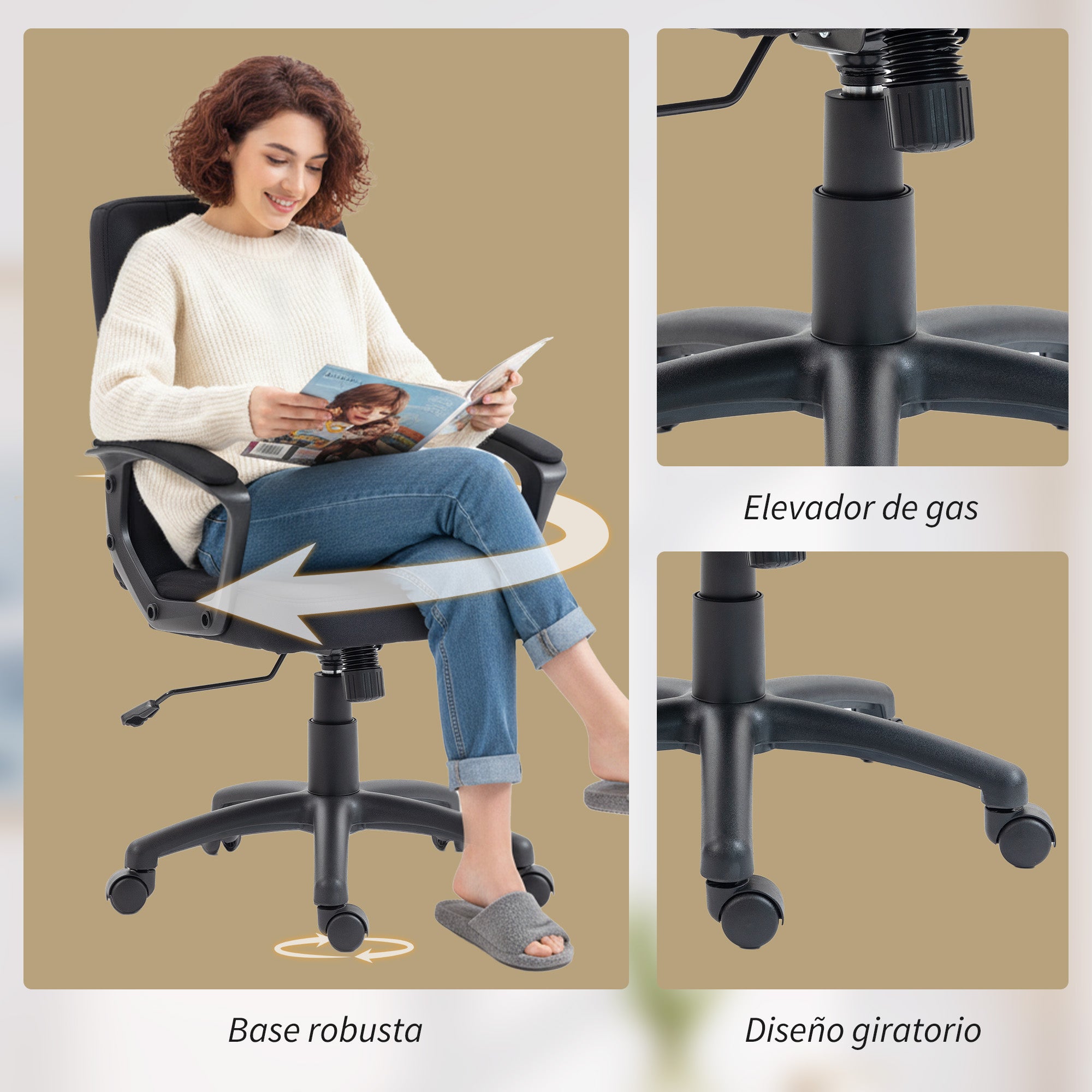 Fauteuil de bureau pivotant revêtu de lin synthétique, réglable en hauteur et en inclinaison, dossier mi-haut, accoudoirs, noir - 8