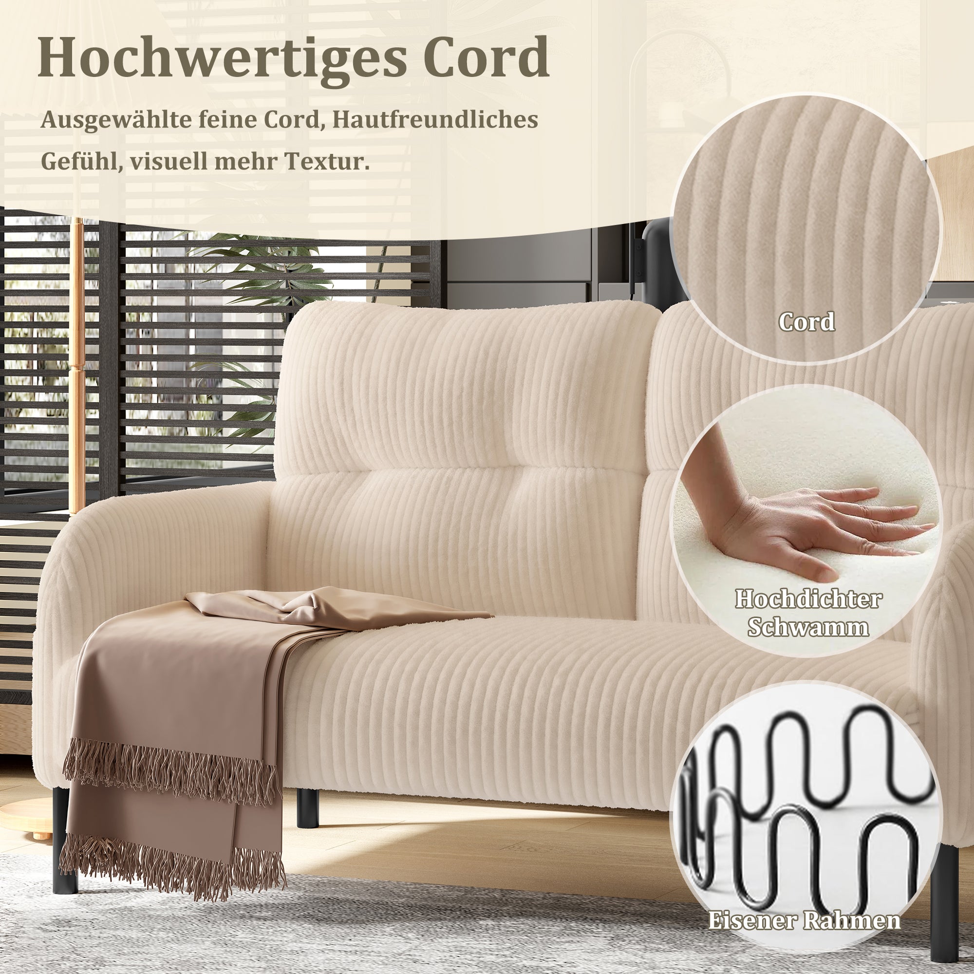 Canapé 2 places velours côtelé - Dossier haut pieds métal poches latérales pour salon/bureau - 6