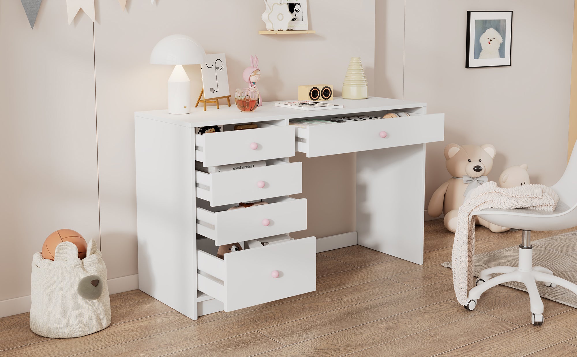 Bureau avec 5 tiroirs - 120 x 45 x 74 cm - MDF et poignées en céramique rose - Blanc - 7