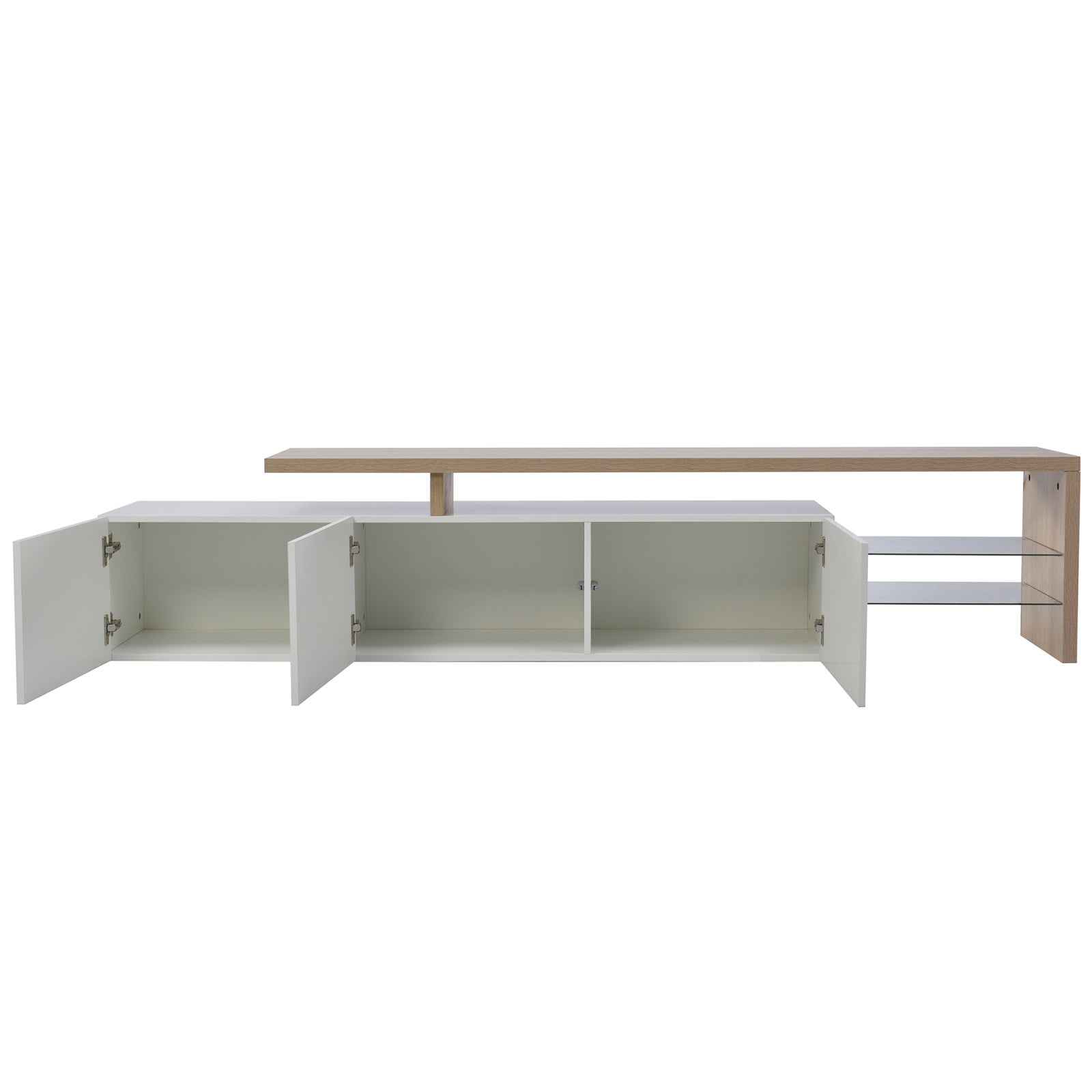 Meuble TV Moderne avec lumières LED Variables, 3 Portes et étagères en Verre – Blanc - 5