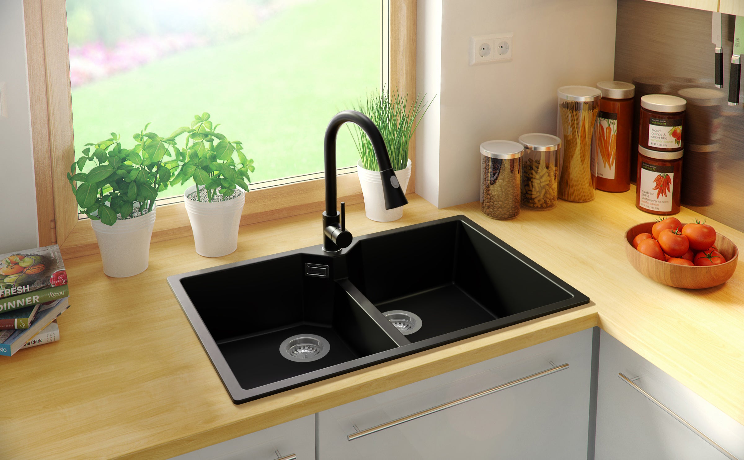 Evier Cuisine en Granit Noir 78x50cm, Lavabo 2 bacs + Kit de Vidage, Évier à Encastrer au meuble 80cm - Madrid Twin PRIMAGRAN - 8