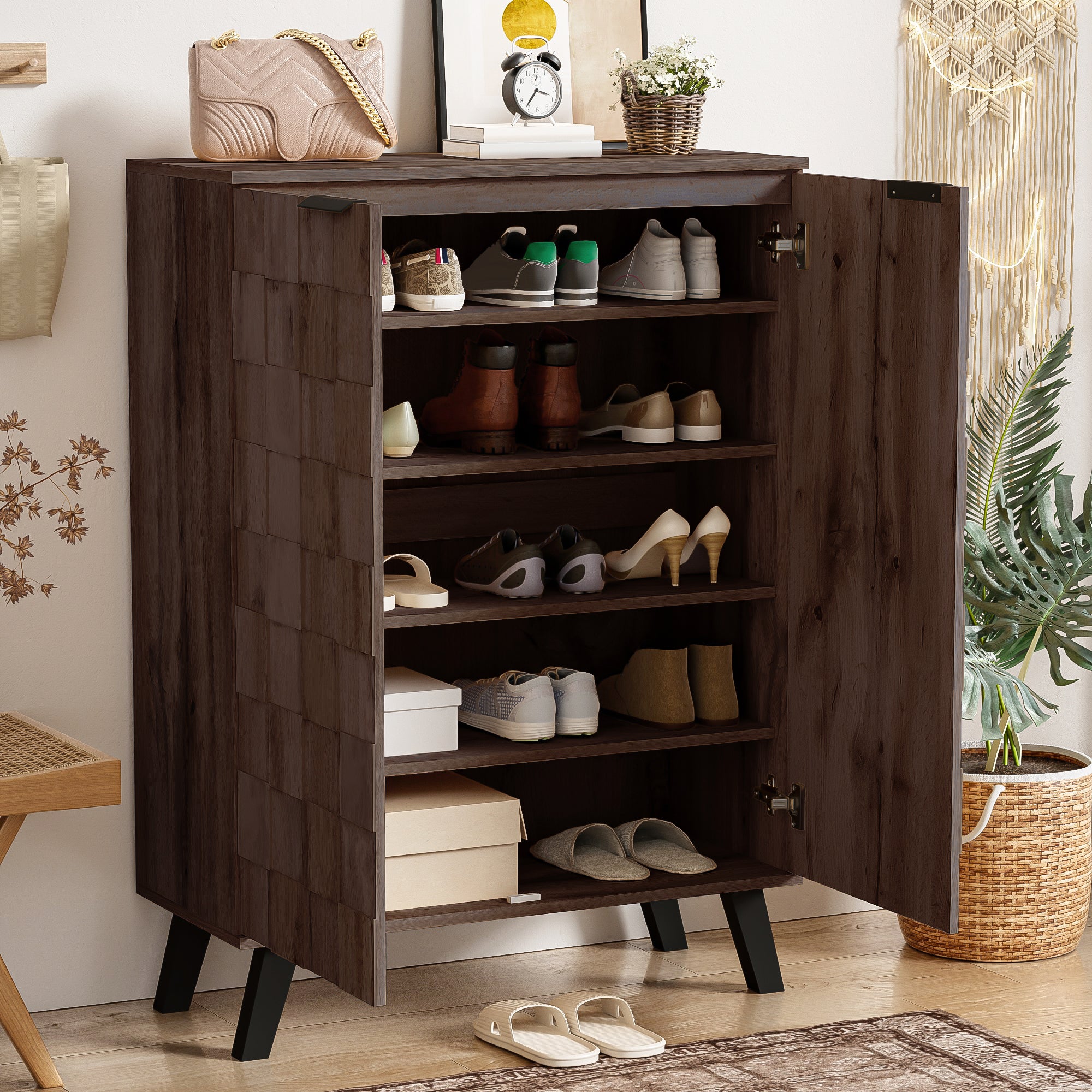 Nowoczesna szafka na buty z 2 drzwiami i 5 regulowanymi półkami - 80 x 35,5 x 110 cm - Płyta wiórowa - Kolor ciemnego drewna - 9