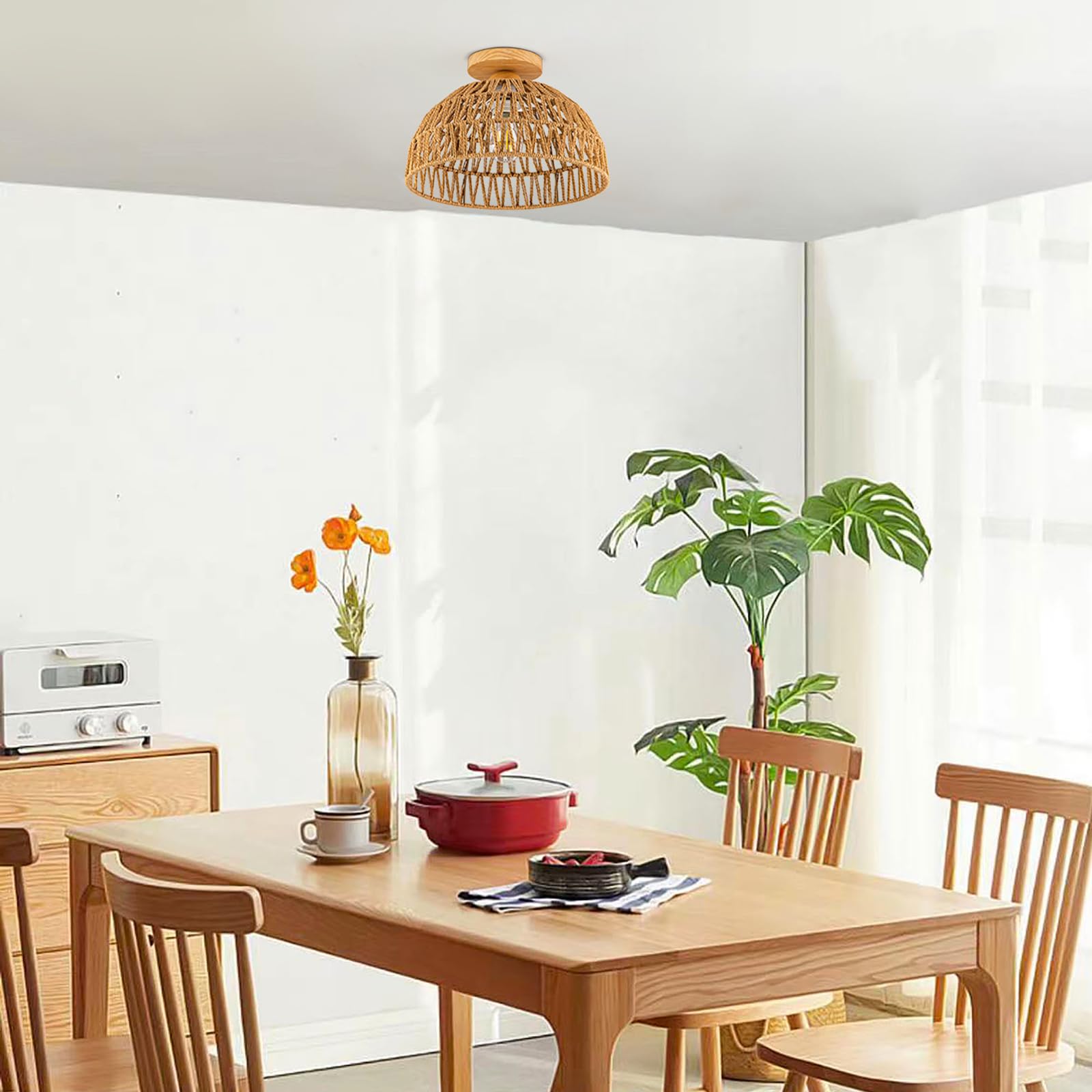 Lampa sufitowa z rattanu, żyrandol w stylu boho, ręcznie tkana lampa wisząca, żyrandol w stylu wabi-sabi do domu na wsi, sypialni, przedpokoju, holu - 3