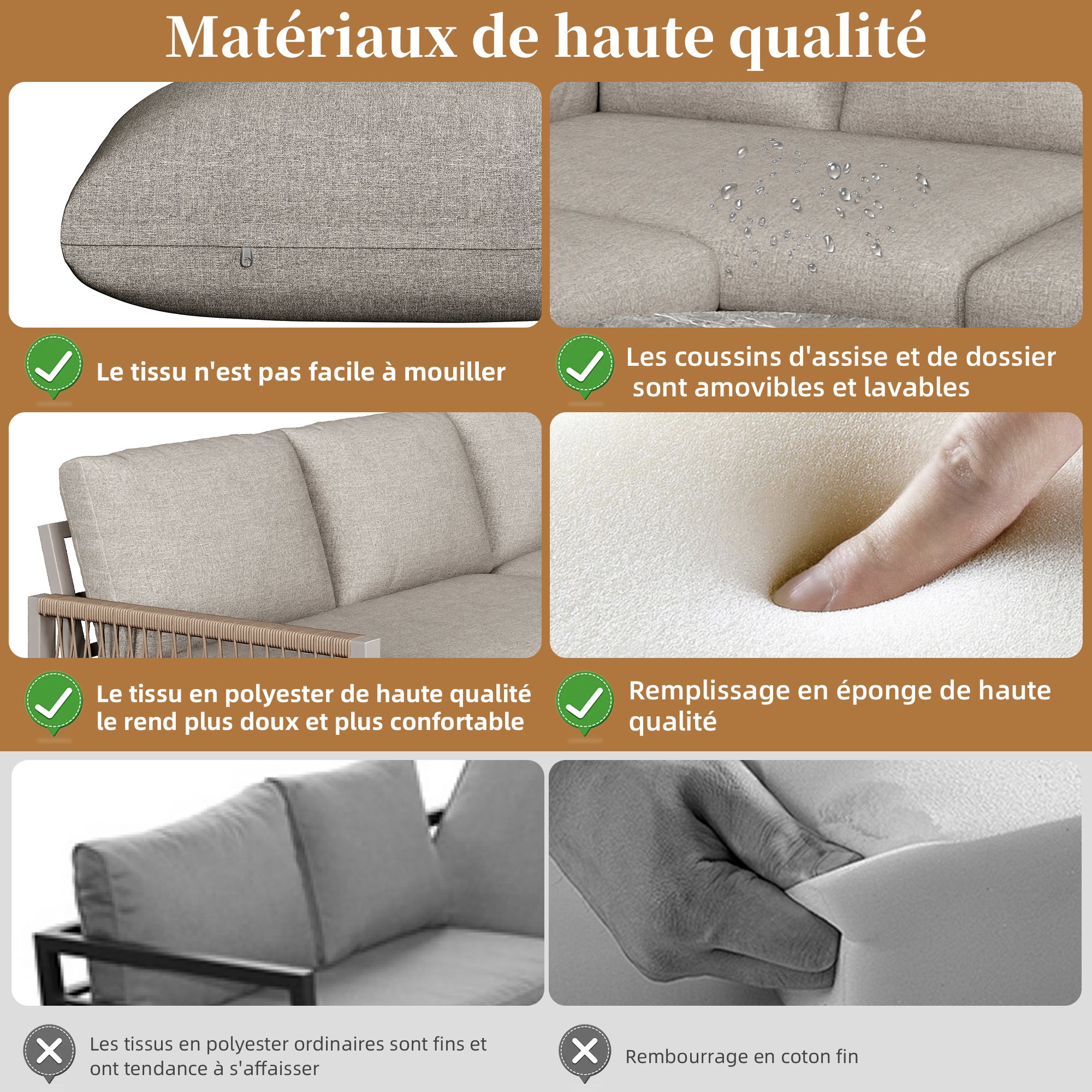Salón de jardín, conjunto de muebles para 6-7 personas, sofá de esquina - en hierro galvanizado, patas ajustables, 2 mesas nido, beige - 7