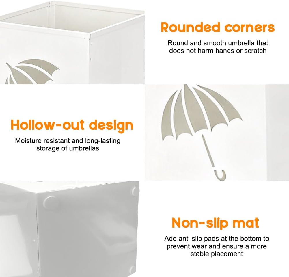Porte-parapluie, en métal, carré, étanche et antirouille, avec bac d'égouttement amovible pour la maison, le bureau, l'entrée (blanc) - 3