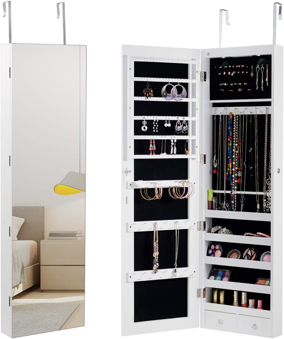 Zawieszana Szafka na Biżuterię z Oświetleniem LED, 36cm x 10cm x 120cm, Pełne Lustro bez Ramy i 2 Szuflady, do Przechowywania Kolczyków i Naszyjników