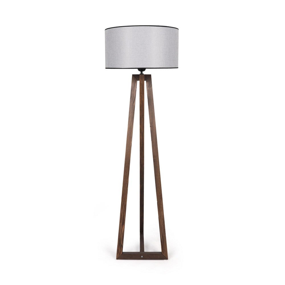 Lampa podłogowa Nacor Nordic ze strukturą z naturalnego drewna i okrągłym abażurem z szarej tkaniny ø45cm 1xE27