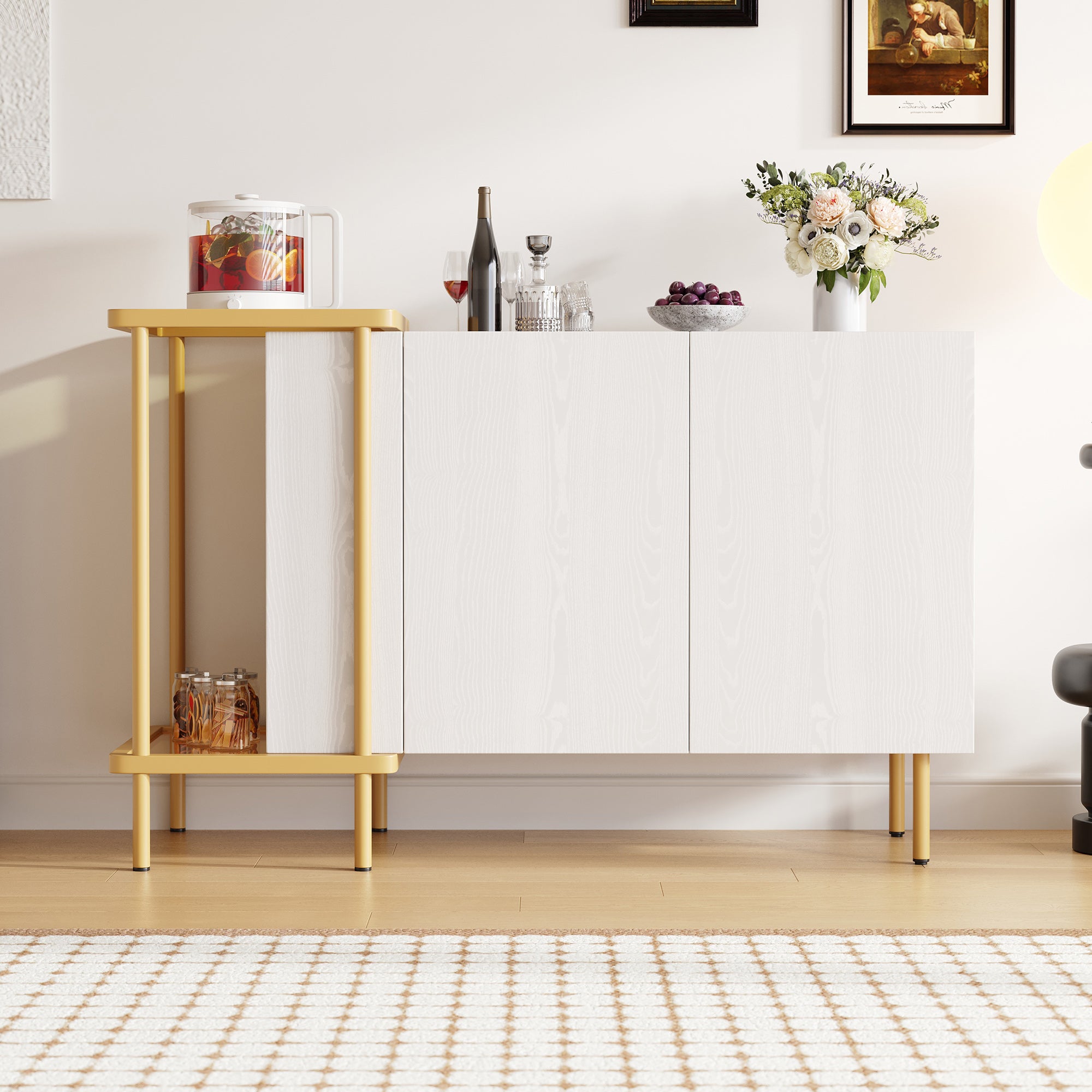 Komoda z 2 drzwiami i 2 bocznymi przegrodami - 160 x 40 x 82 cm - Płyta wiórowa i nogi metalowe w kolorze złotym - Biała