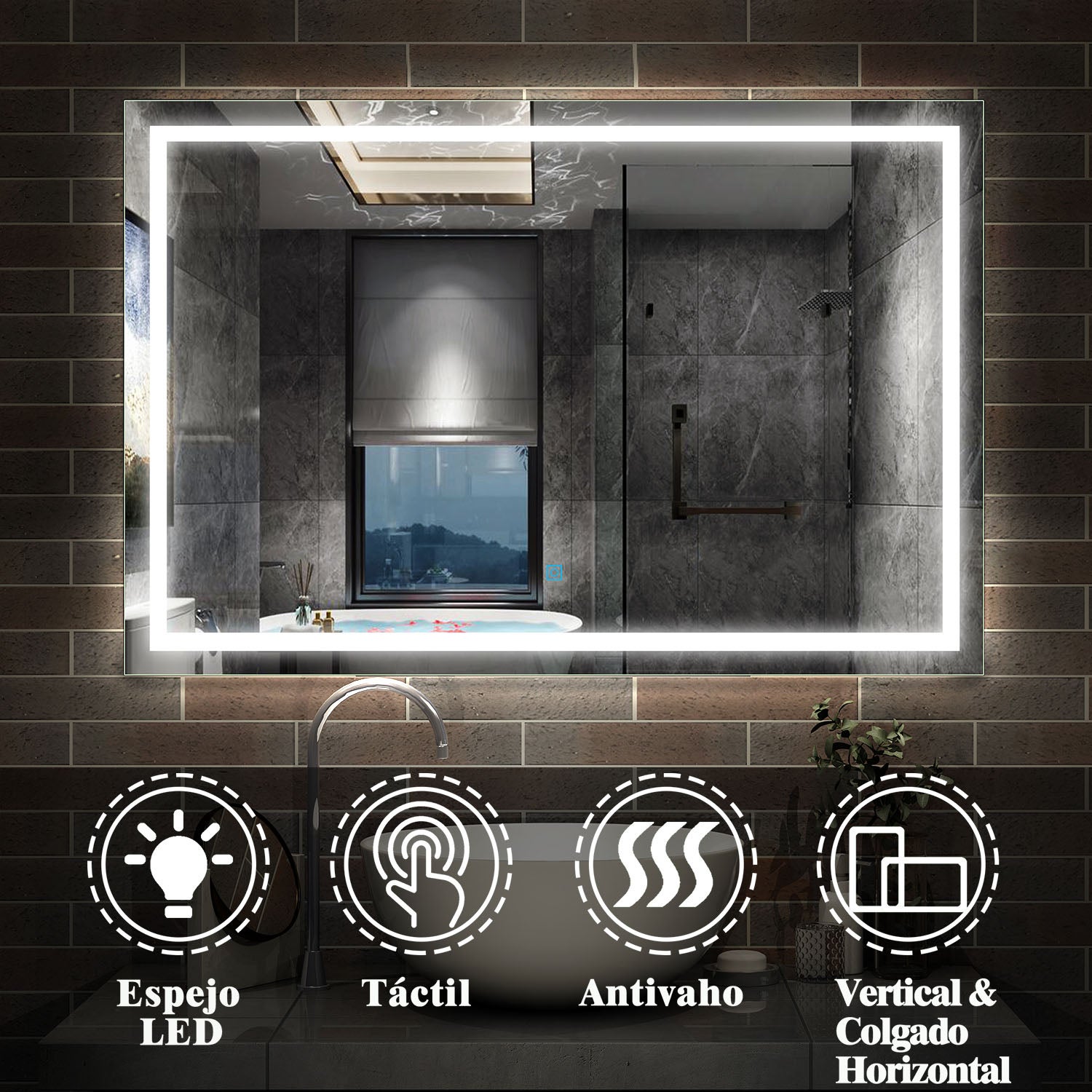 Espejo de baño con luz LED 80x60cm antivaho, Aica - 2