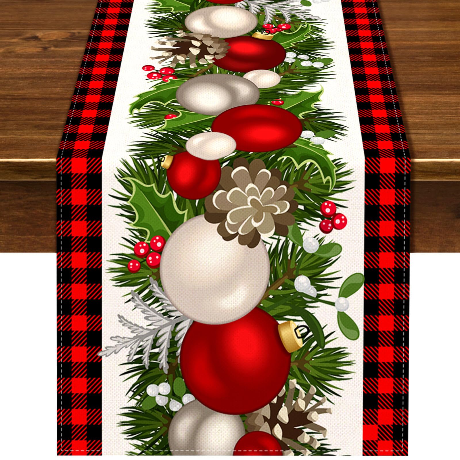 Runner Natalizio Per Tavola In Lino - Decorazione Festiva 33x183 Cm, Motivi Classici Natalizi