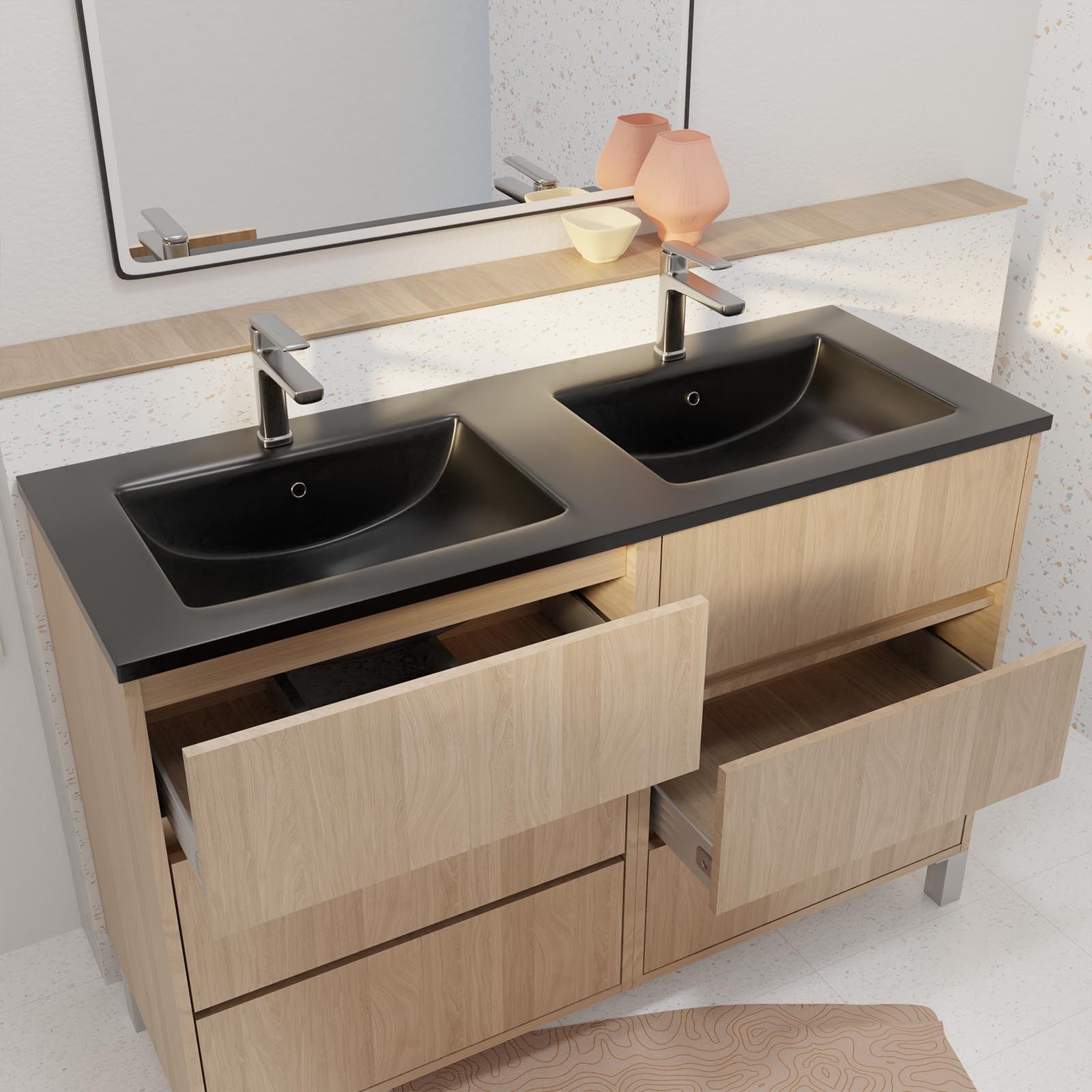 Meuble de salle de bains 120 cm 6 Tiroirs Chêne Clair + Vasque Double Céramique Noire - XENOS - 2