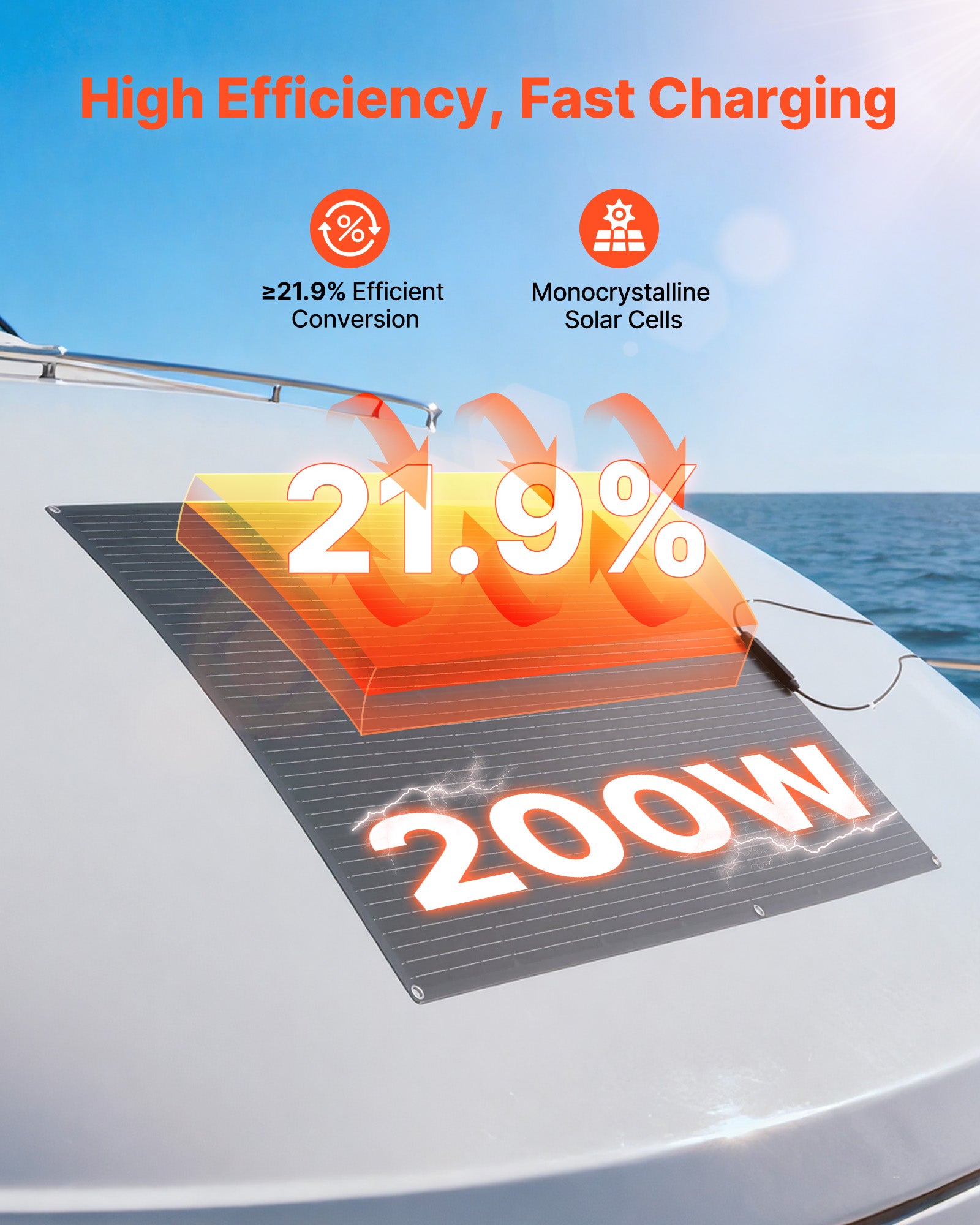 Panel słoneczny półelastyczny VEVOR 200 W monokrystaliczny IP67 do kampera łodzi - 2