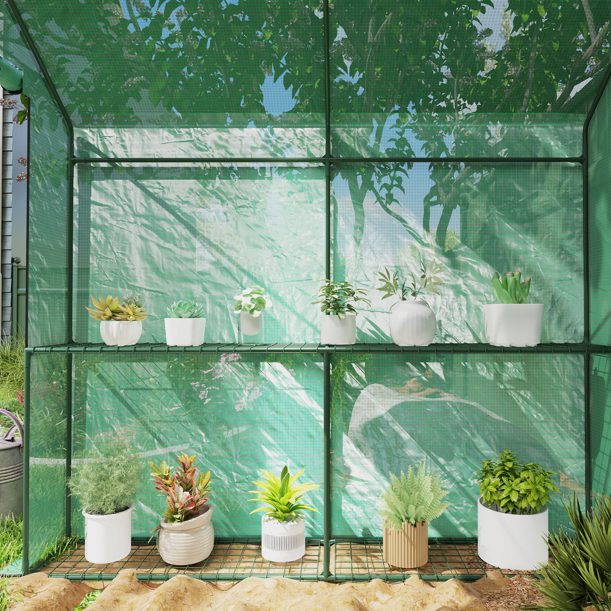 Serre de Jardin - Outsunny - étagère 2 niveaux porte zippée enroulable - bâche renforcée 140 g/m², châssis en acier - vert - 7