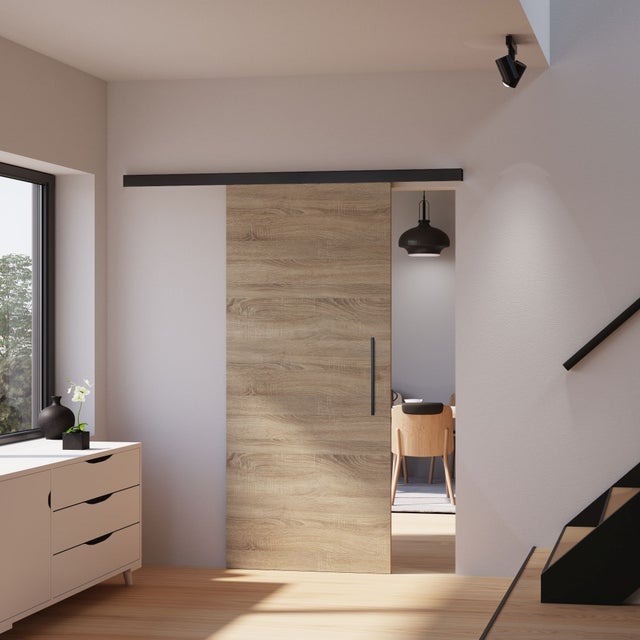 Kit porte coulissante en bois Chêne porte à âme pleine + rail aluminium noir H.203 x l.88 cm SCHULTE, porte intérieure revêtement en résine mélaminée