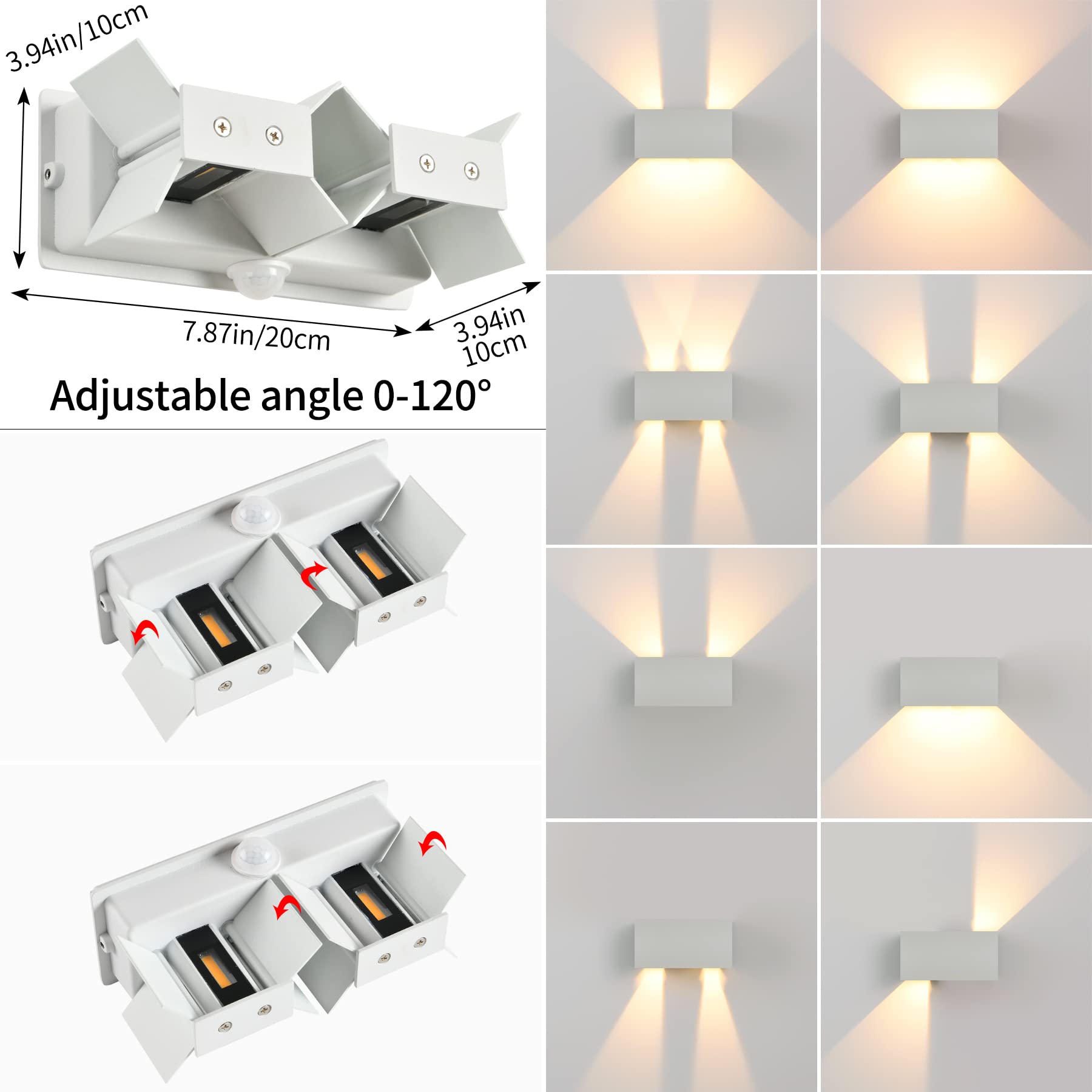 Applique murale LED d'intérieur/extérieur avec détecteur de mouvement, 24 W, applique murale étanche IP65, éclairage mural blanc chaud 3000 K - 5