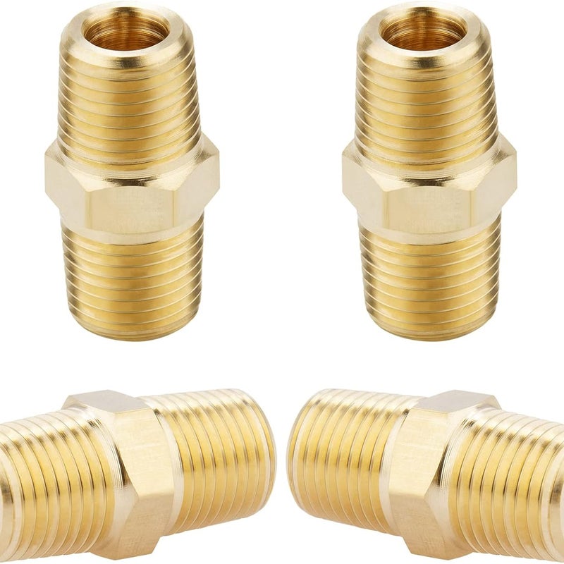 Złącze sześciokątne męskie 1/8 NPT x 1/8 NPT, z litego mosiądzu, złączka rurowa, 4 sztuki