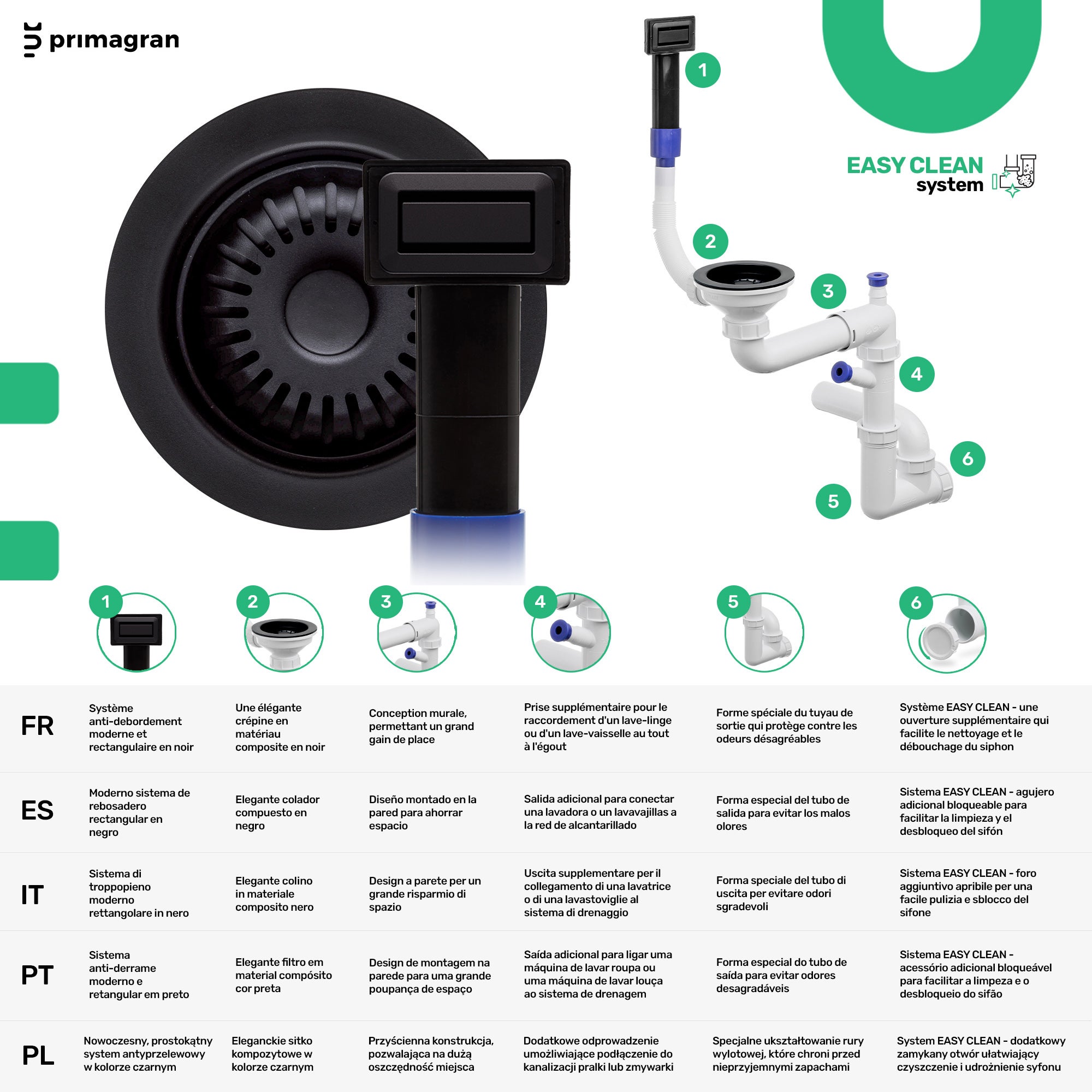 Lavandino sottotop Tutto Nero 56x47cm, Lavello in Granito a 1 vasca + Sifone Classico + Accessori, Lavabo da Cucina al mobile 60cm - Prague PRIMAGRAN - 8