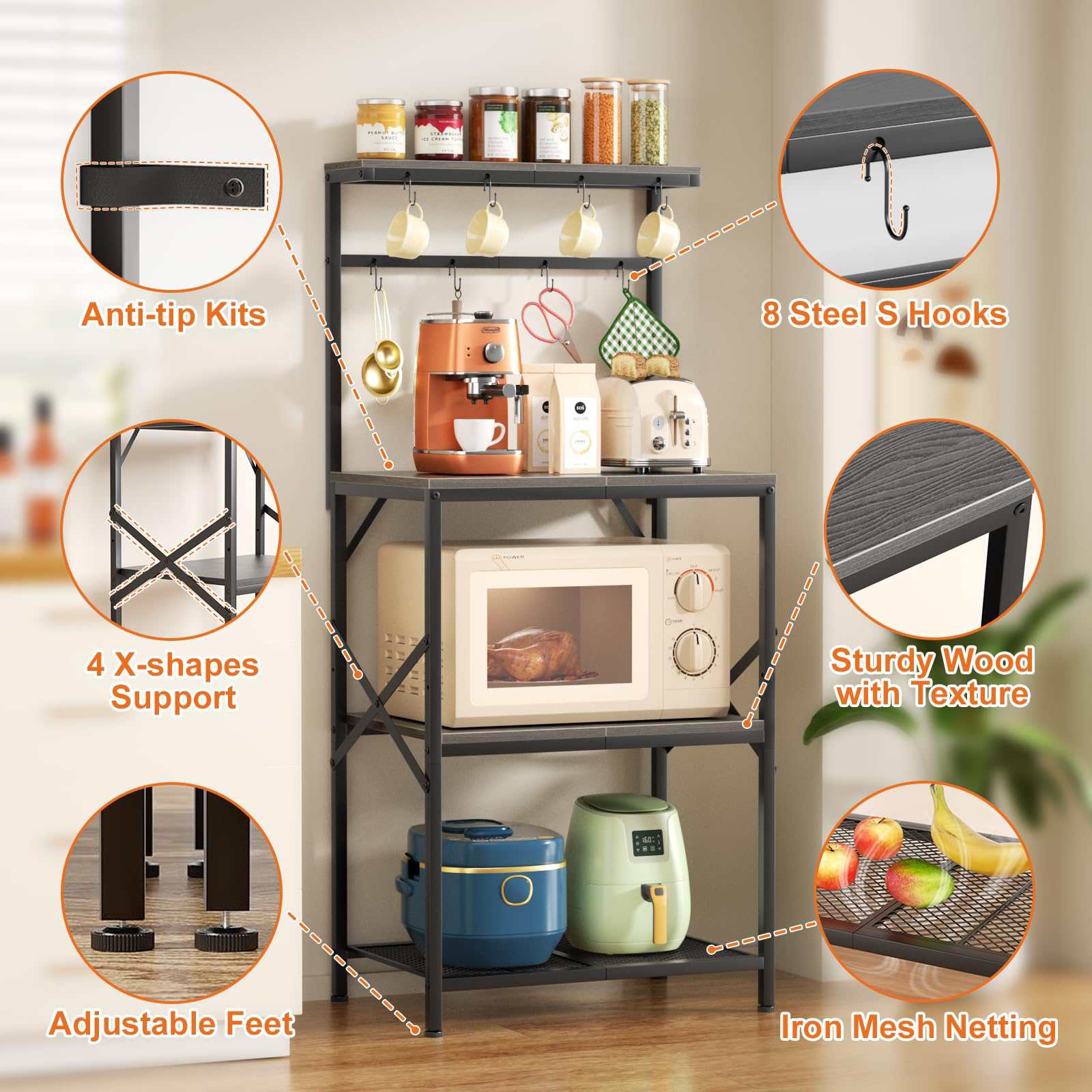Estantería metálica de cocina de 4 niveles, en color gris, con 8 ganchos, soporte ajustable para microondas y zona multifuncional para guardar el café - 2