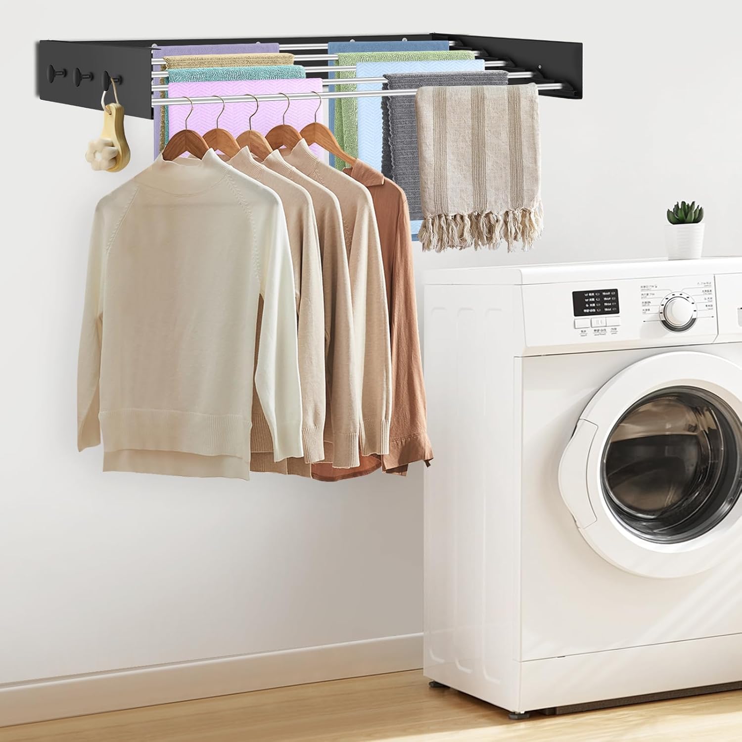 Tendedero de pared extensible de 100 cm - Con 6 ganchos para toallas - Para uso interior y exterior - Negro - 2