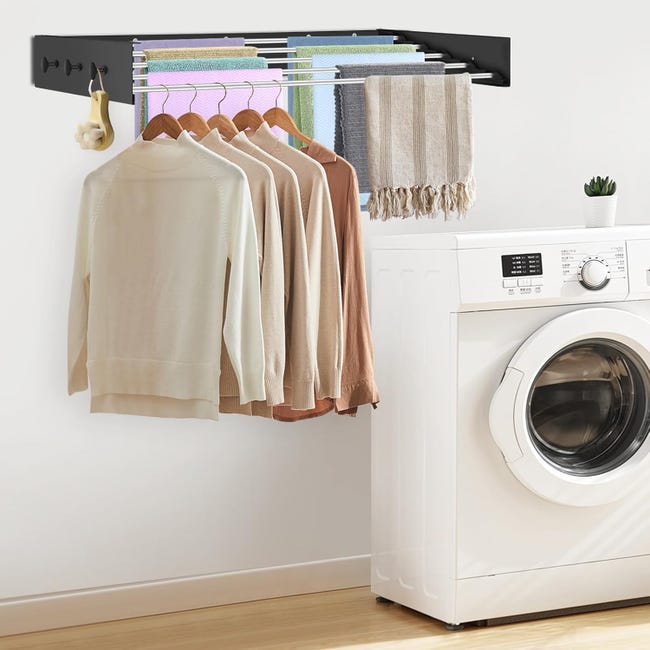 Tendedero de pared extensible de 100 cm - Con 6 ganchos para toallas - Para uso interior y exterior - Negro - 2