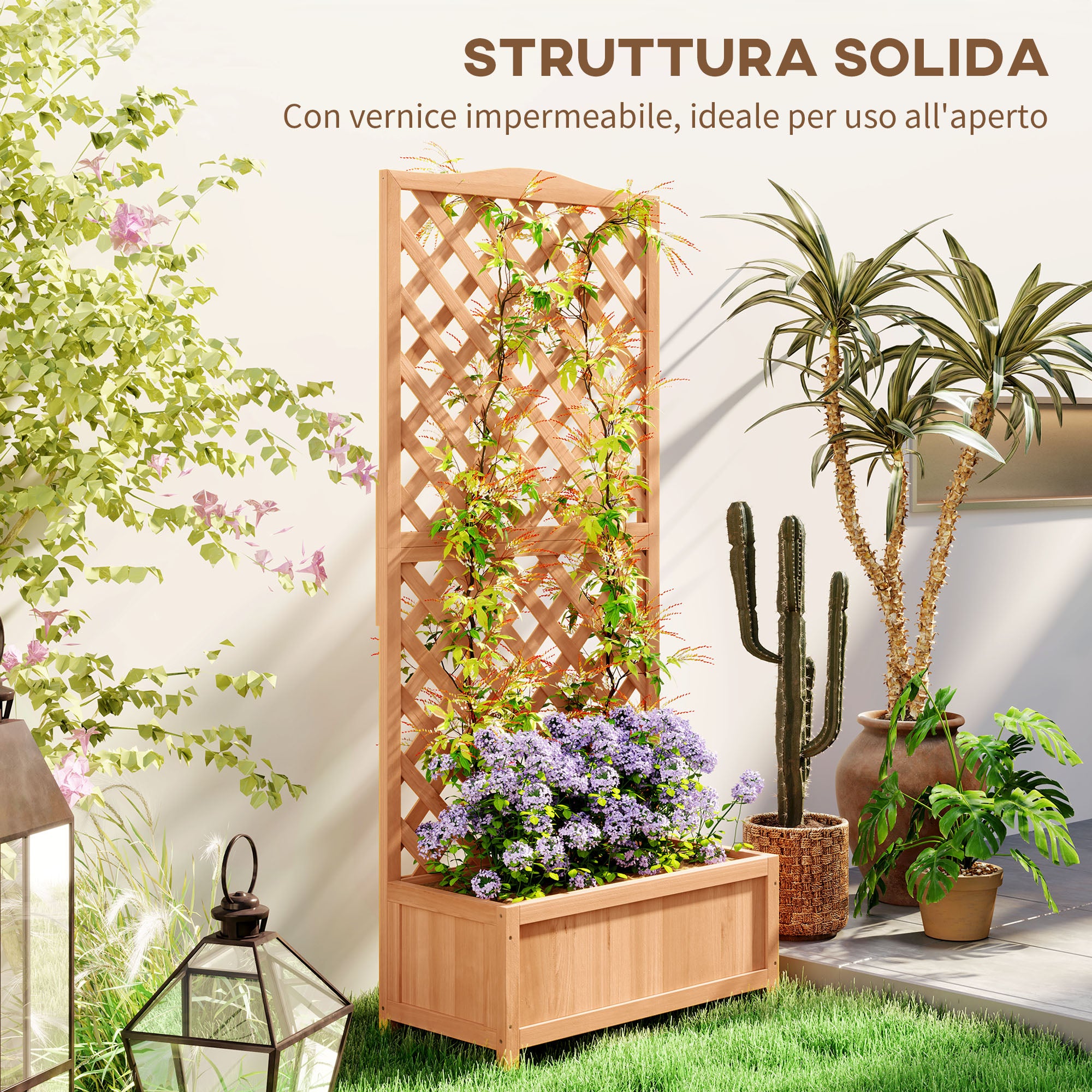Outsunny Fioriera con Traliccio per Rampicanti e Fondo Ampio, in Legno di Abete, 76x36x170 cm, Marrone - 7