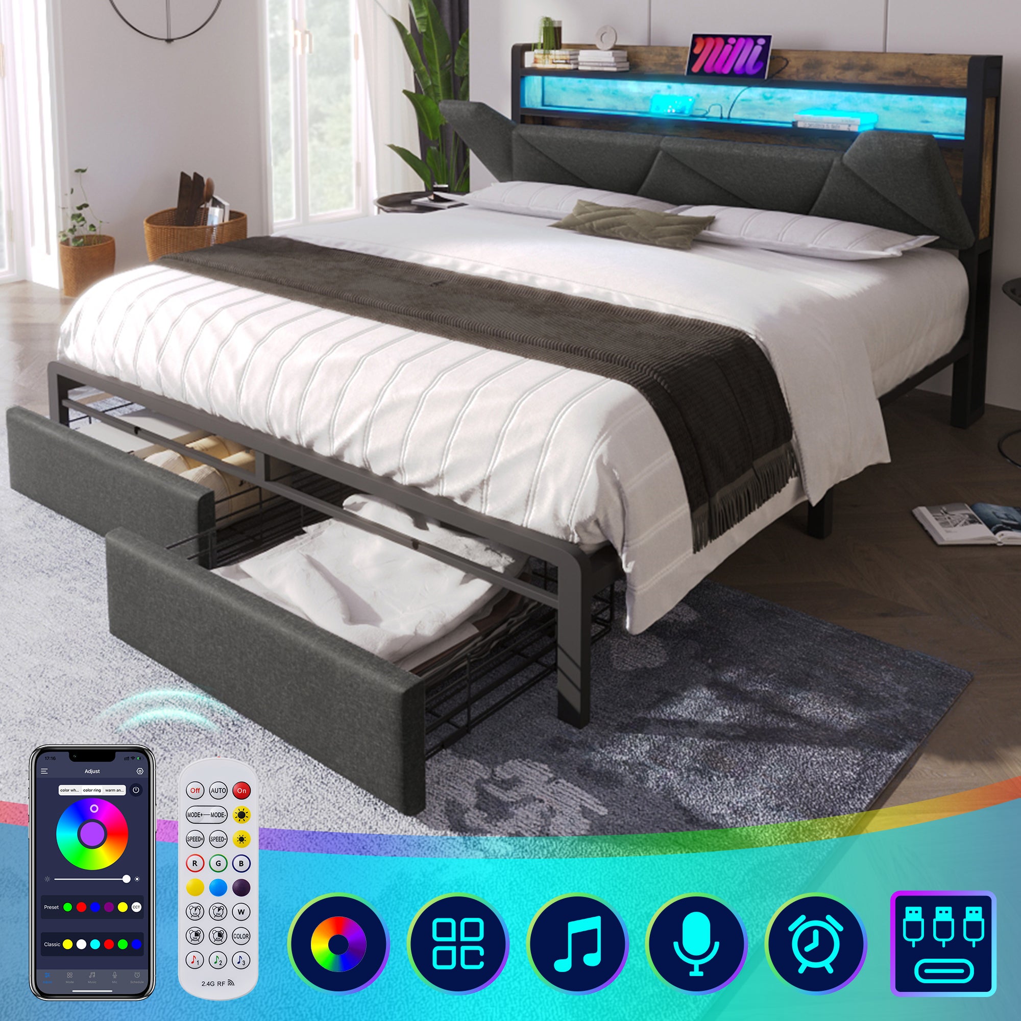 Łóżko dla dorosłych 140 x 200 cm z szufladami i schowkiem na pościel w zagłówku - USB + Typ C + LED - Len - Szary