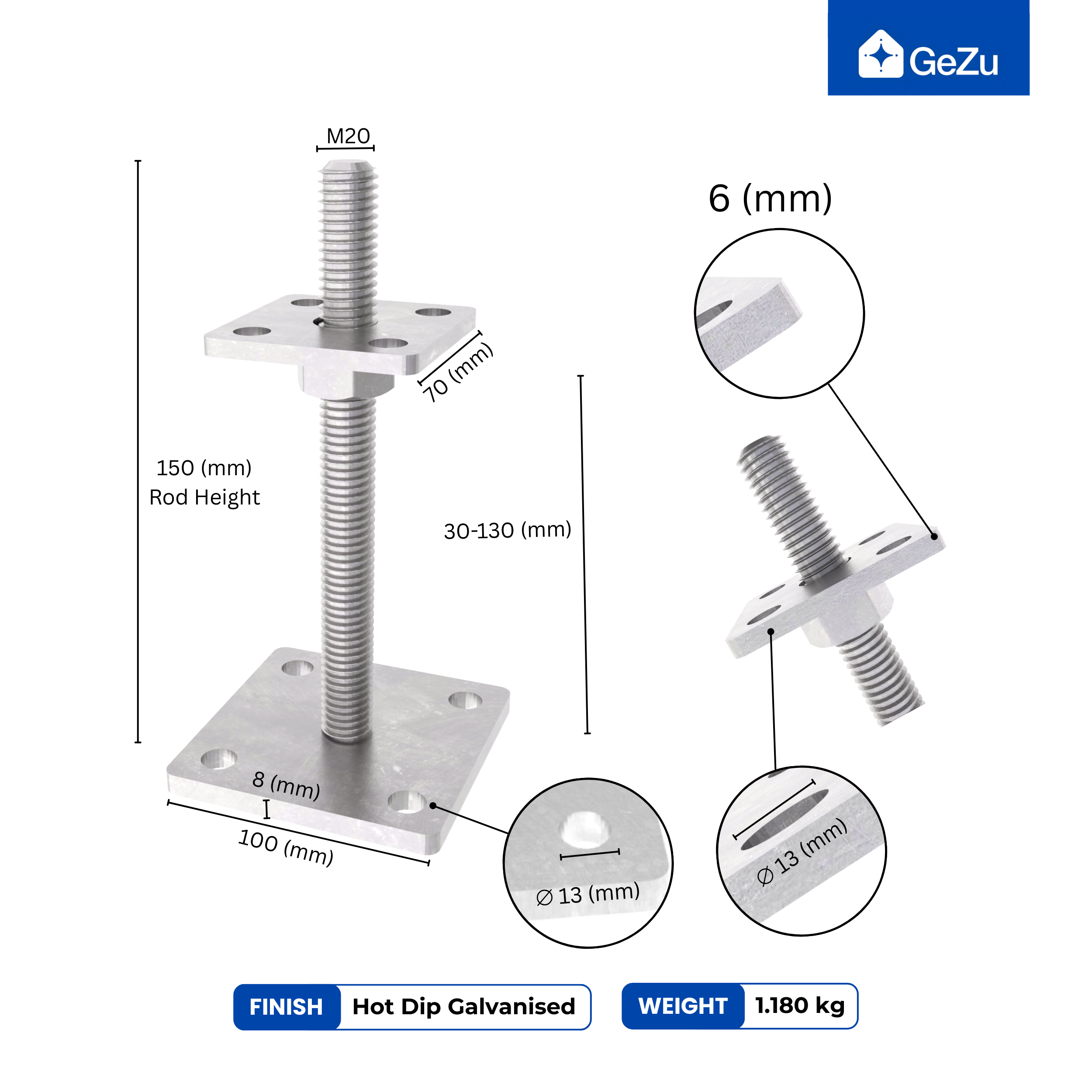 Support de poteau Galvanisé à chaud 70 x 70 mm | 30 - 130 mmhauteur reglable platine bois pied poteaux clôture GeZu Impex - 2
