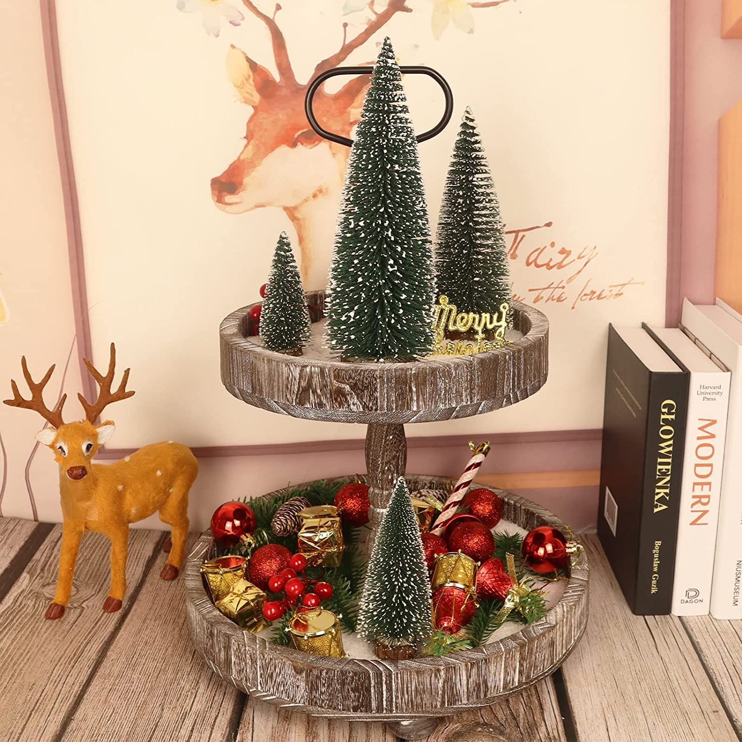 Mini pins de Noël, 4 arbres en sisal givré avec base en bois, arbres de Noël de table pour la décoration de la maison (vert) - 5