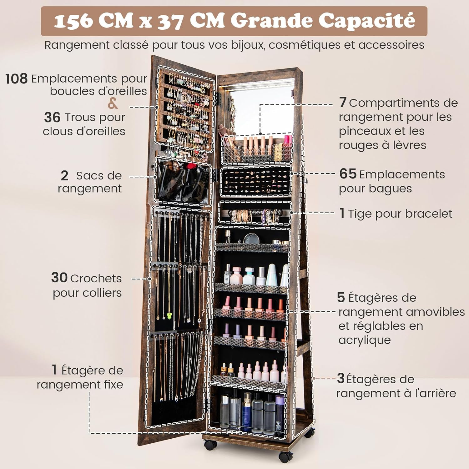 Armoire à Bijoux sur Pieds Mobile avec Miroir Psyché sans Cadre, Lumières LED et Miroir de Maquillage Intégré, Verrouillable, Café - 4