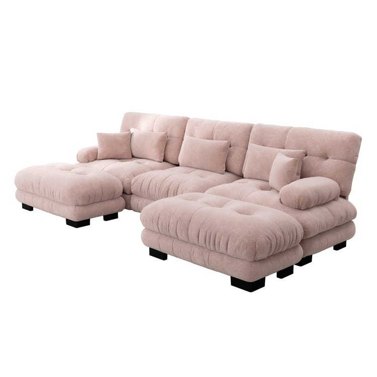 Canapé d'angle 3 place avec pouf amovible, en tissu, rose - 5