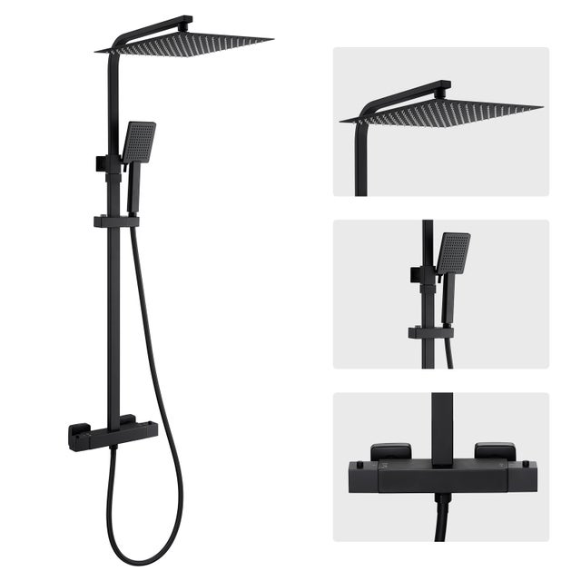 Colonne Douche Thermostatique,Colonne Douche Noir de 38°C avec Mitigeur Systeme Douche Thermostatique Réglable Hauteur 81.8-124.8cm,Salle Bain