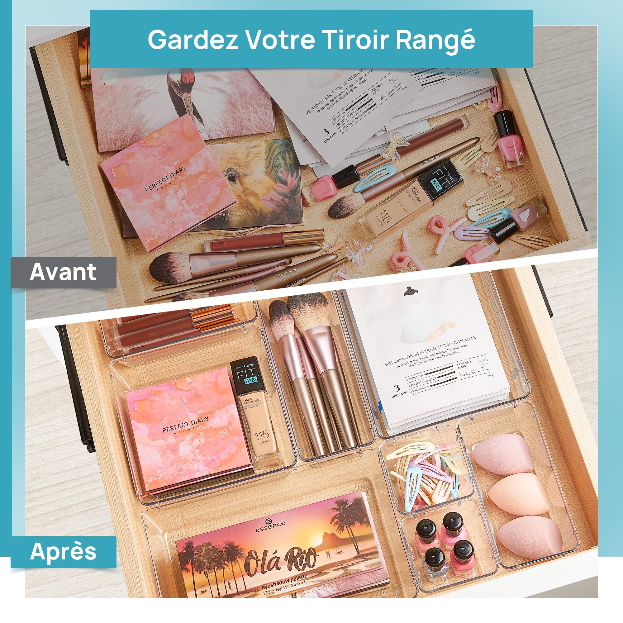 Lot de 15 Organisateurs de Tiroir – 4 Tailles, Rangement Tiroir en Plastique Transparent – Parfait pour Salle de Bain, Coiffeuse, Bureau, Cuisine - 2