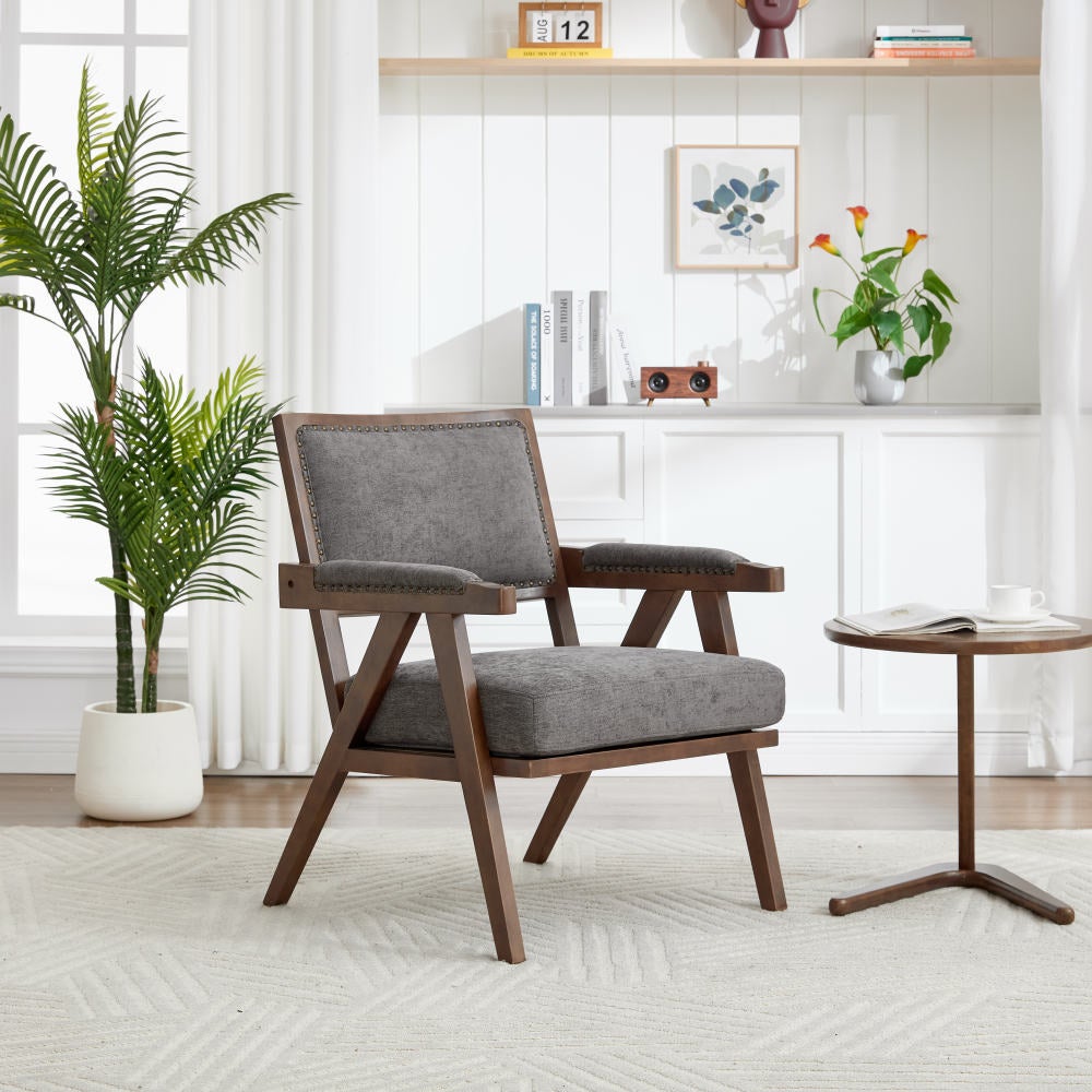 Fauteuil Lounge Tissu Moderne Mid-Century avec Accoudoirs et Cadre Bois pour Salon, Chambre, Bureau - 8