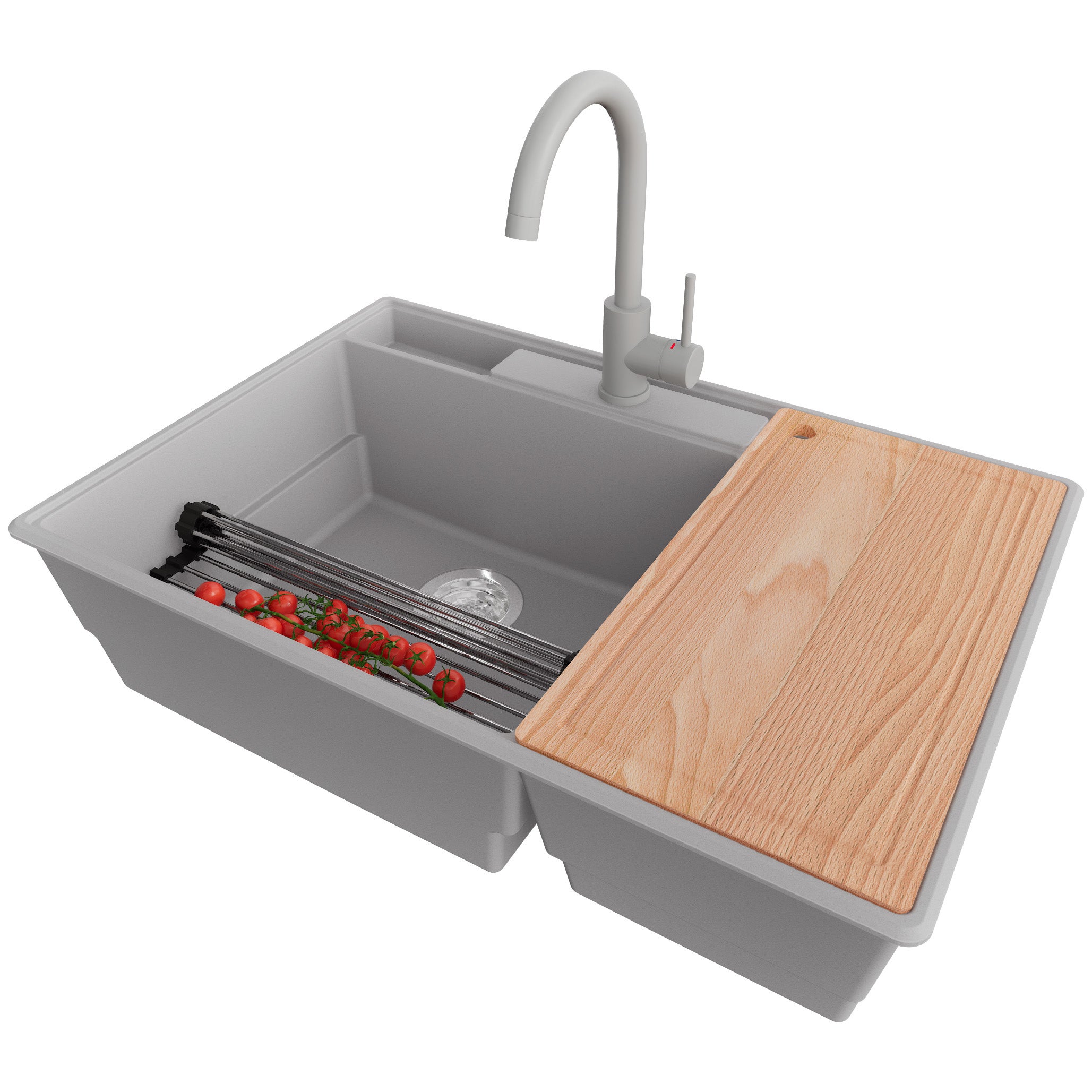 Zlewozmywak Granitowy Szary 78x53cm, Zlew Kuchenny 2 Komorowy + Bateria 32x20cm + Syfon + Akcesoria, Nablatowy do szafki od 80cm - Paryż PRIMAGRAN