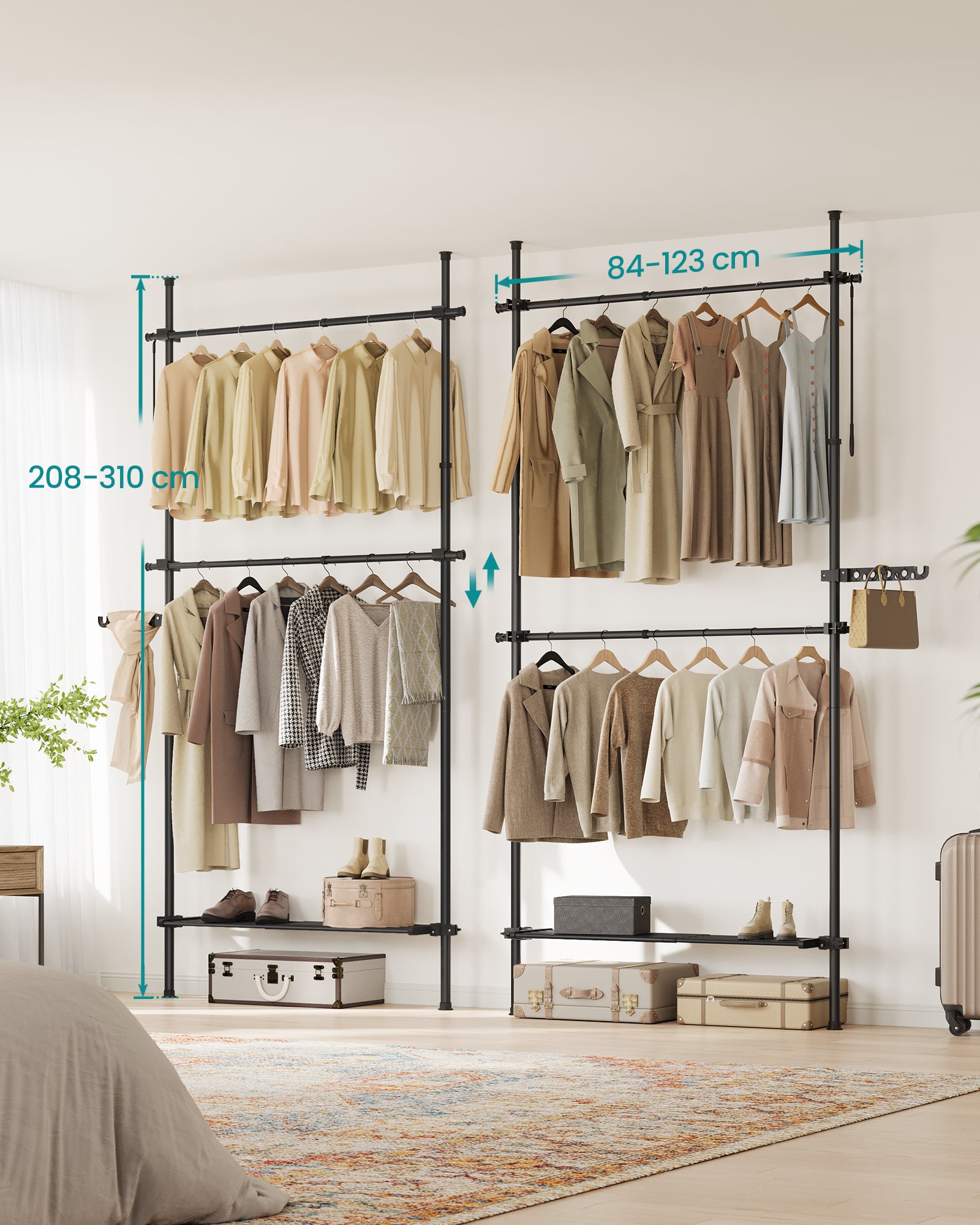 Portant à Vêtement du Sol au Plafond, Rangement 3 Niveaux, Étagère Extensible, Bras de Support Pliable, Barres Télescopiques, Noir Mat - 3