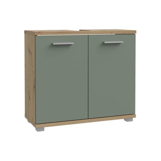 Meuble Sous Évier CHAMP - L69,9 x P28,9 x H62cm - Finition Chêne et Vert Sauge W69.9 D28.9 H62